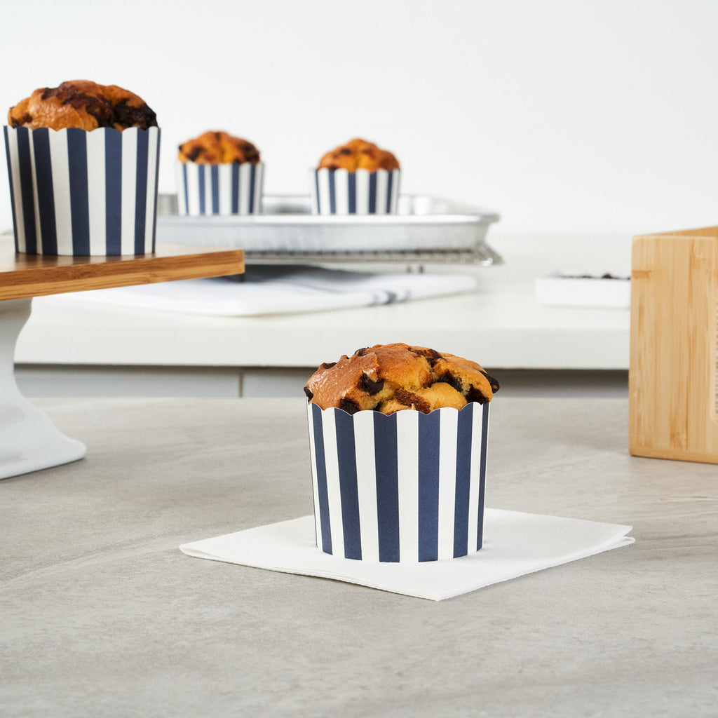 Panificio 6 oz Round Stripe Blue Paper Classic Baking Cup - Scalloped - 2 3/4" x 2 3/4" x 2 1/4" - 200 count box