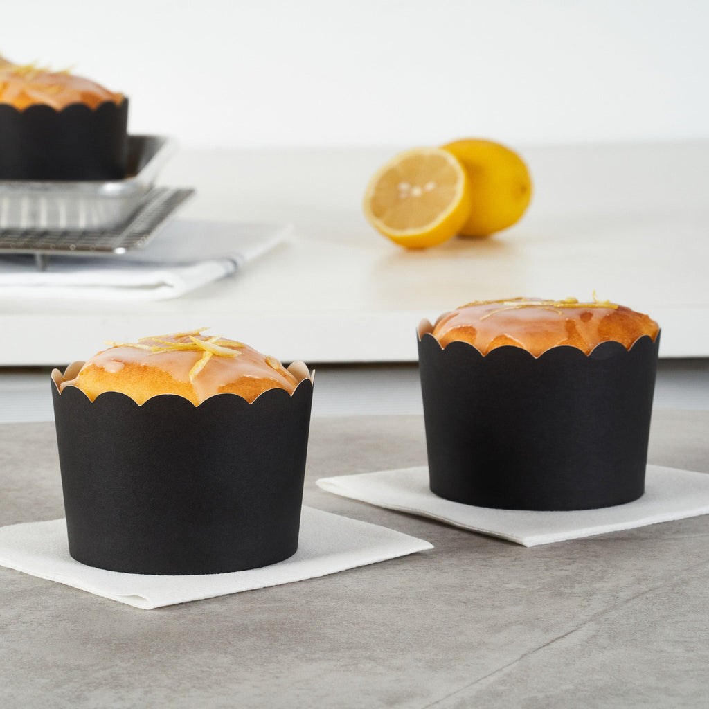 Panificio 10 oz Black Paper Jumbo Baking Cup - Scalloped - 3 1/2" x 3 1/2" x 2 1/2" - 200 count box