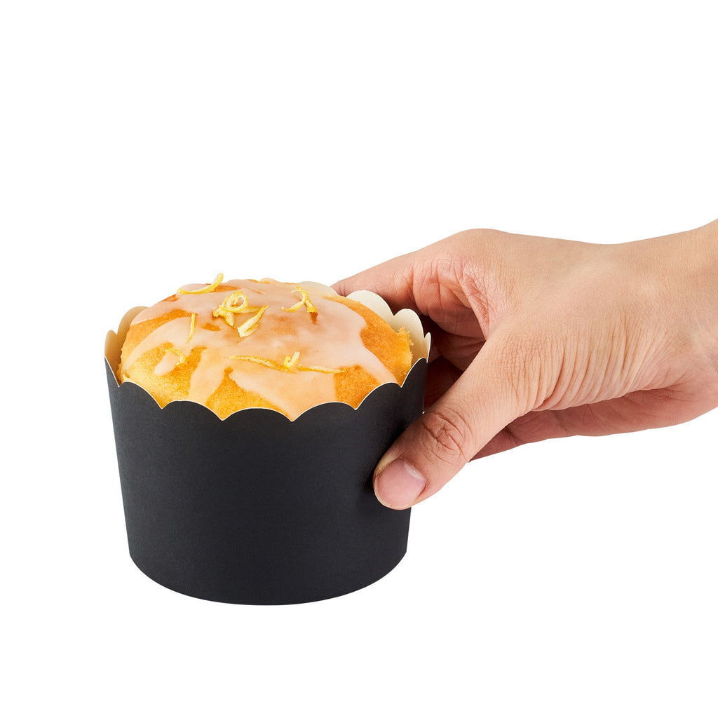 Panificio 10 oz Black Paper Jumbo Baking Cup - Scalloped - 3 1/2" x 3 1/2" x 2 1/2" - 200 count box