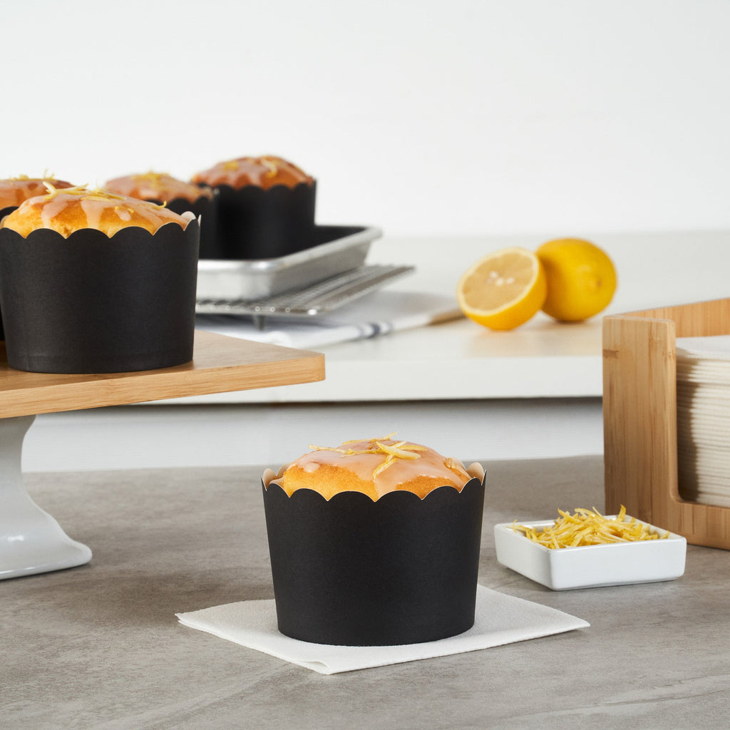 Panificio 10 oz Black Paper Jumbo Baking Cup - Scalloped - 3 1/2" x 3 1/2" x 2 1/2" - 200 count box