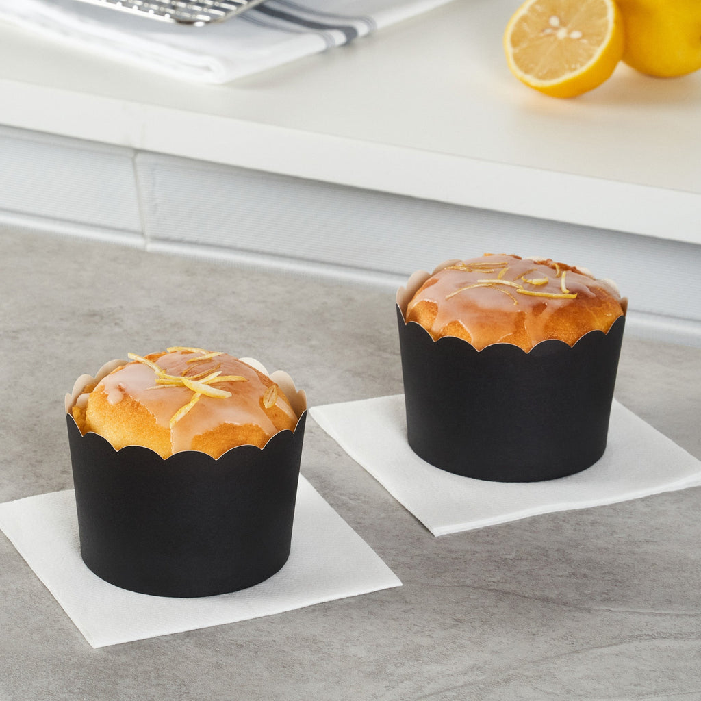 Panificio 10 oz Black Paper Jumbo Baking Cup - Scalloped - 3 1/2" x 3 1/2" x 2 1/2" - 200 count box