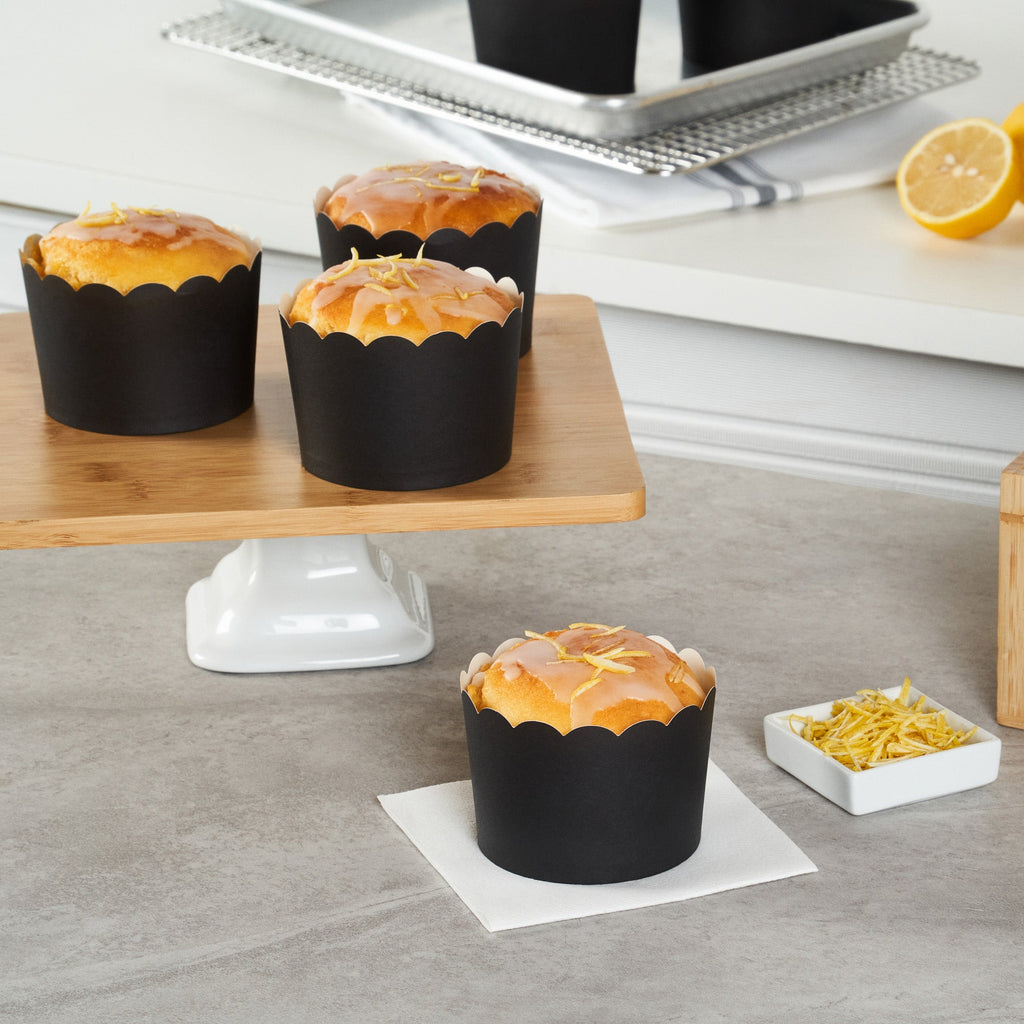 Panificio 10 oz Black Paper Jumbo Baking Cup - Scalloped - 3 1/2" x 3 1/2" x 2 1/2" - 200 count box