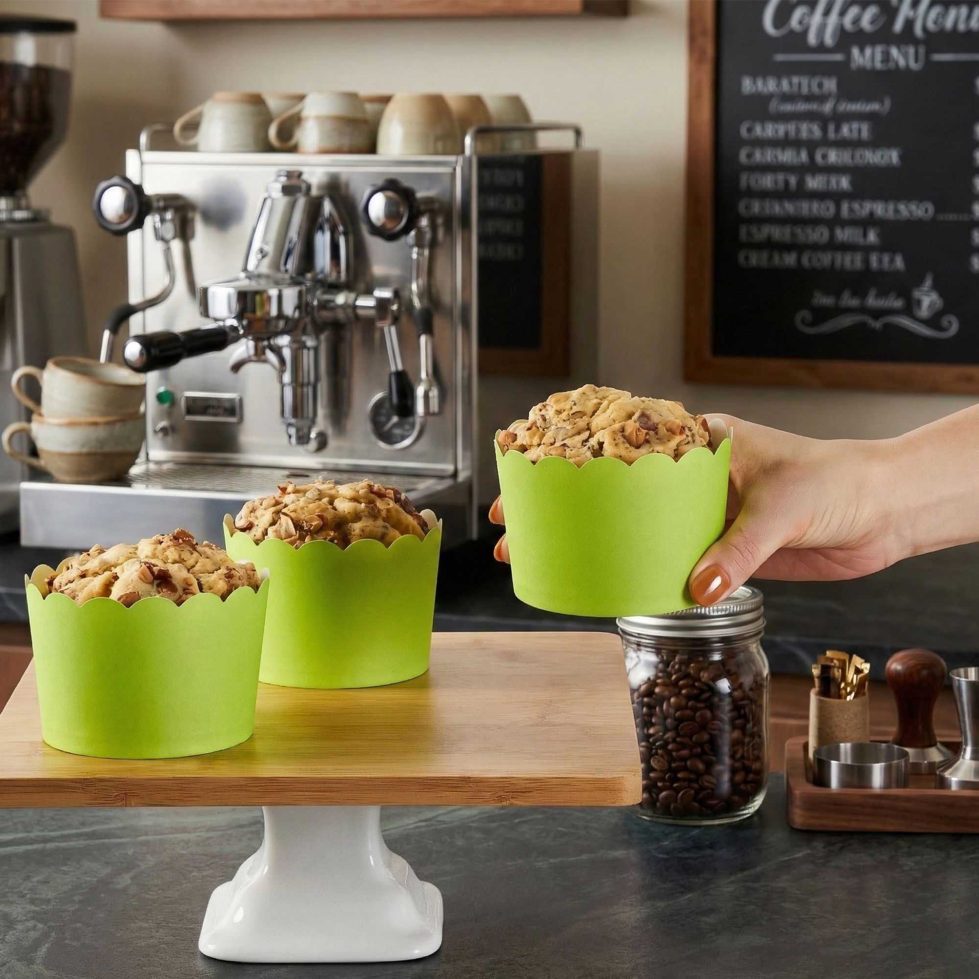 Panificio 10 oz Round Eco Green Paper Jumbo Baking Cup - Scalloped - 3 1/2" x 3 1/2" x 2 1/2" - 200 count box