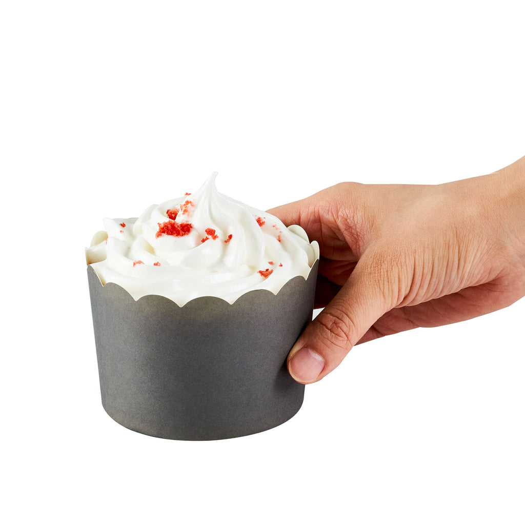 Panificio 10 oz Round Gray Paper Jumbo Baking Cup - Scalloped - 3 1/2" x 3 1/2" x 2 1/2" - 200 count box