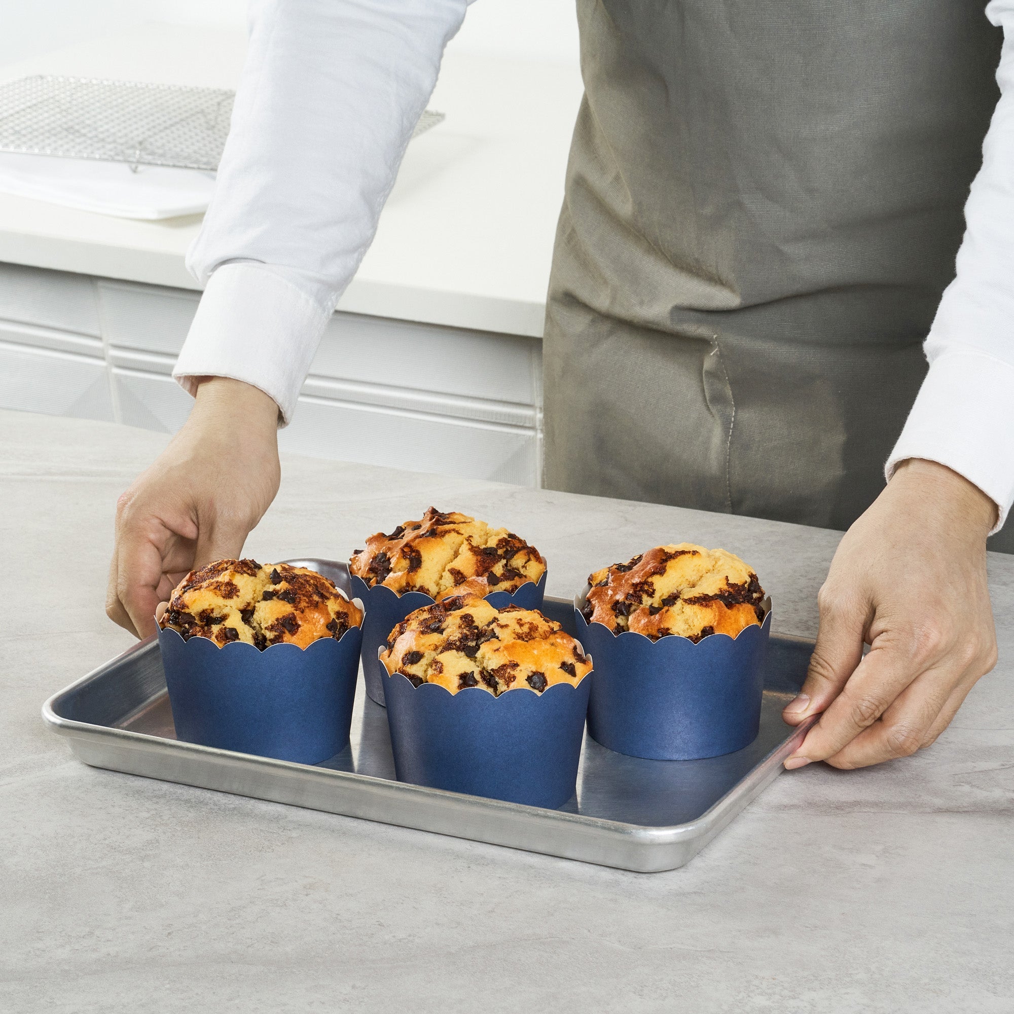 Panificio 10 oz Round Midnight Blue Paper Jumbo Baking Cup - Scalloped - 3 1/2" x 3 1/2" x 2 1/2" - 200 count box