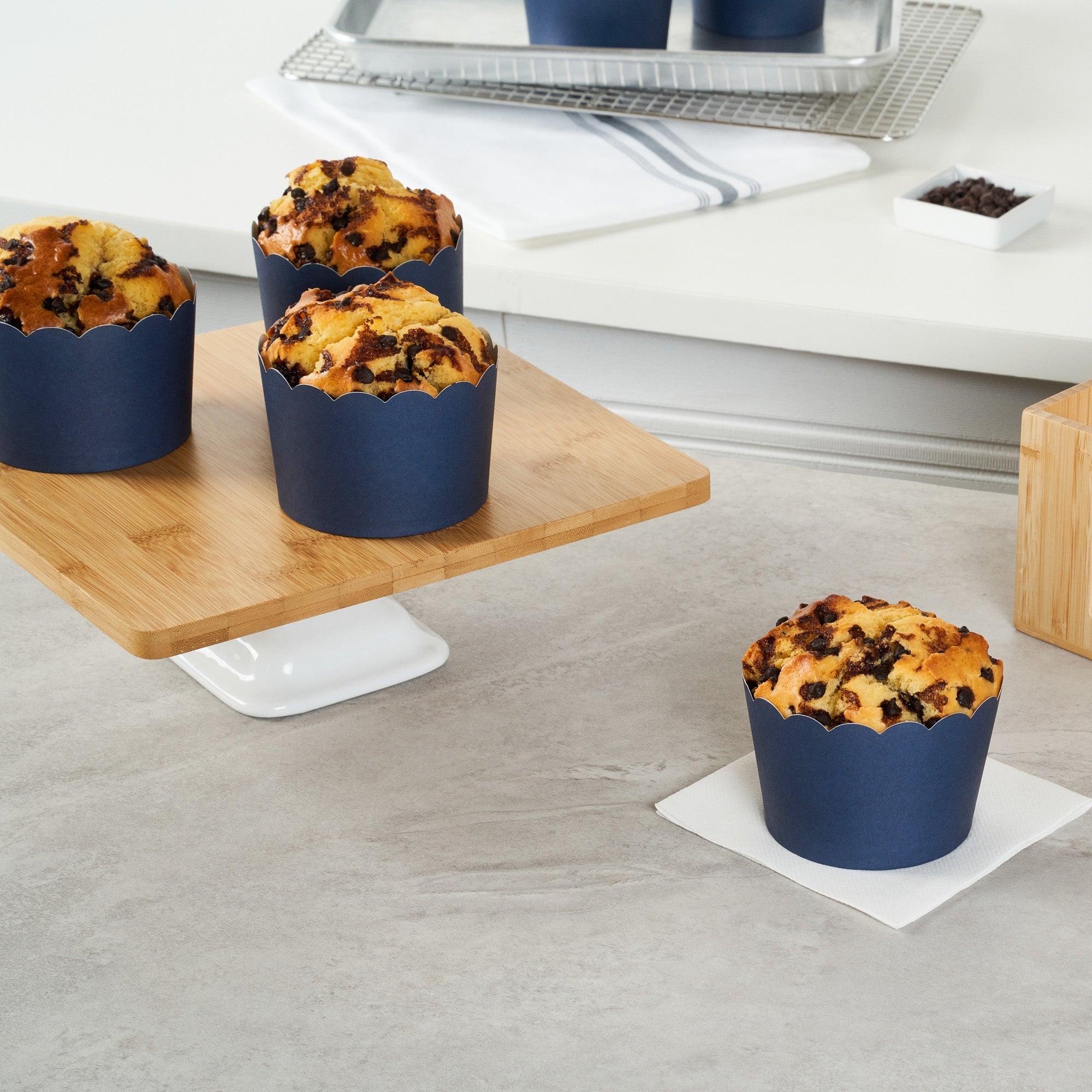 Panificio 10 oz Round Midnight Blue Paper Jumbo Baking Cup - Scalloped - 3 1/2" x 3 1/2" x 2 1/2" - 200 count box