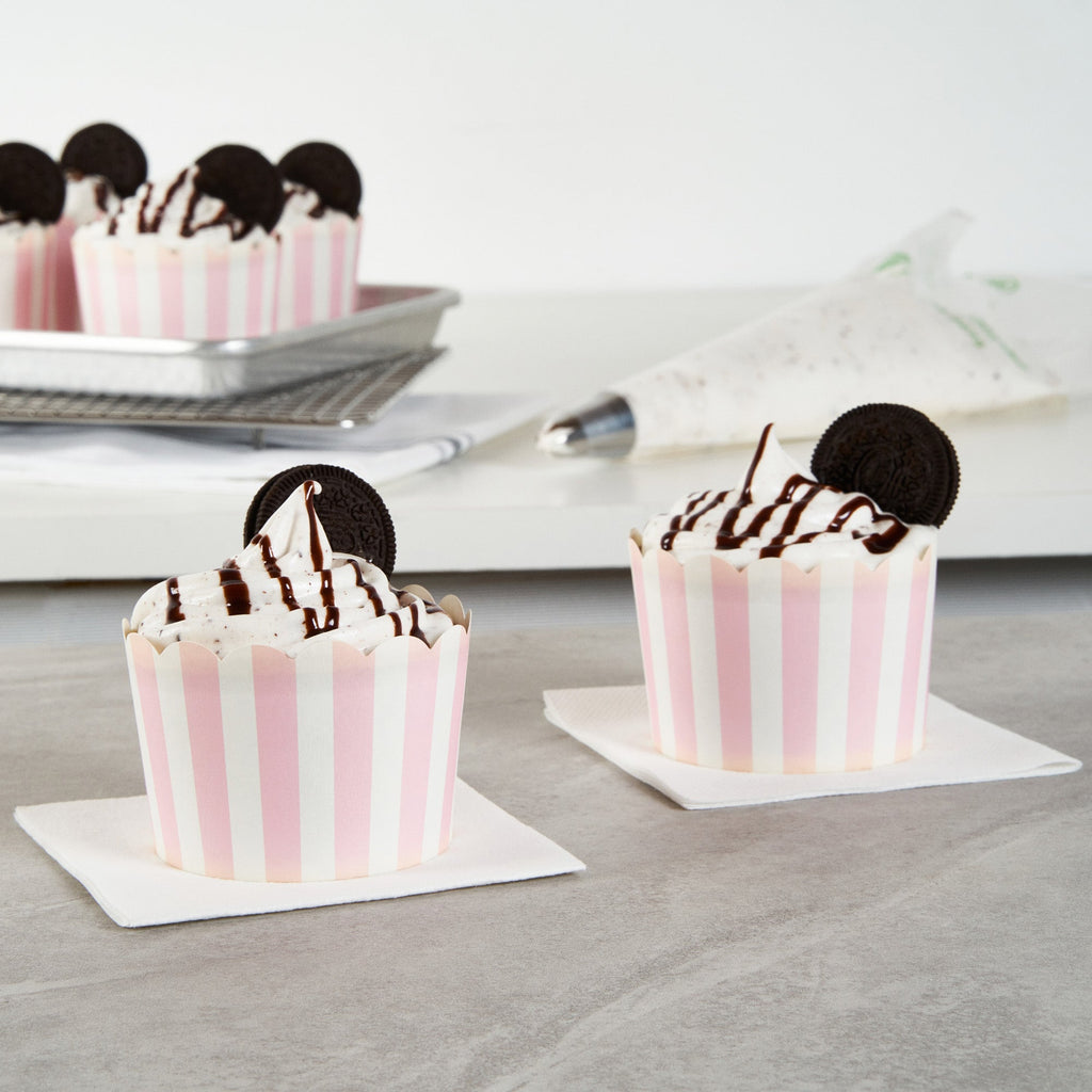 Panificio 10 oz Round Stripe Pink Paper Jumbo Baking Cup - Scalloped - 3 1/2" x 3 1/2" x 2 1/2" - 200 count box