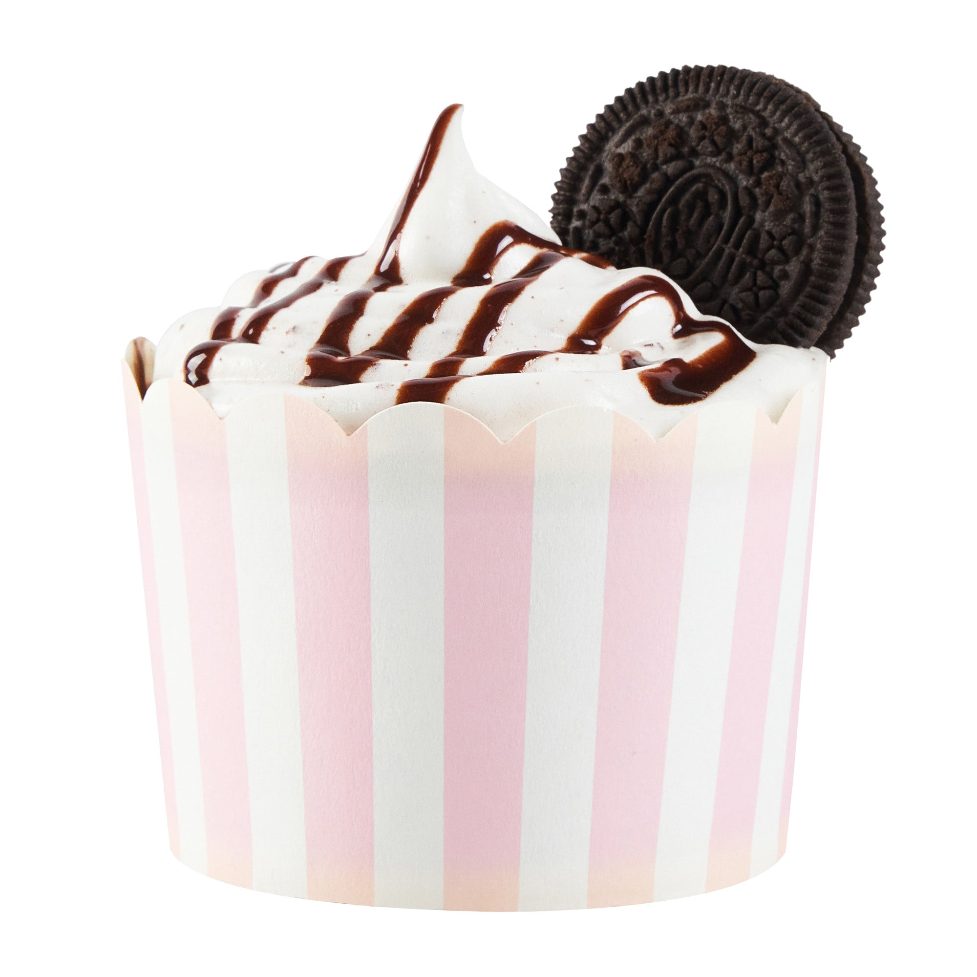 Panificio 10 oz Round Stripe Pink Paper Jumbo Baking Cup - Scalloped - 3 1/2" x 3 1/2" x 2 1/2" - 200 count box