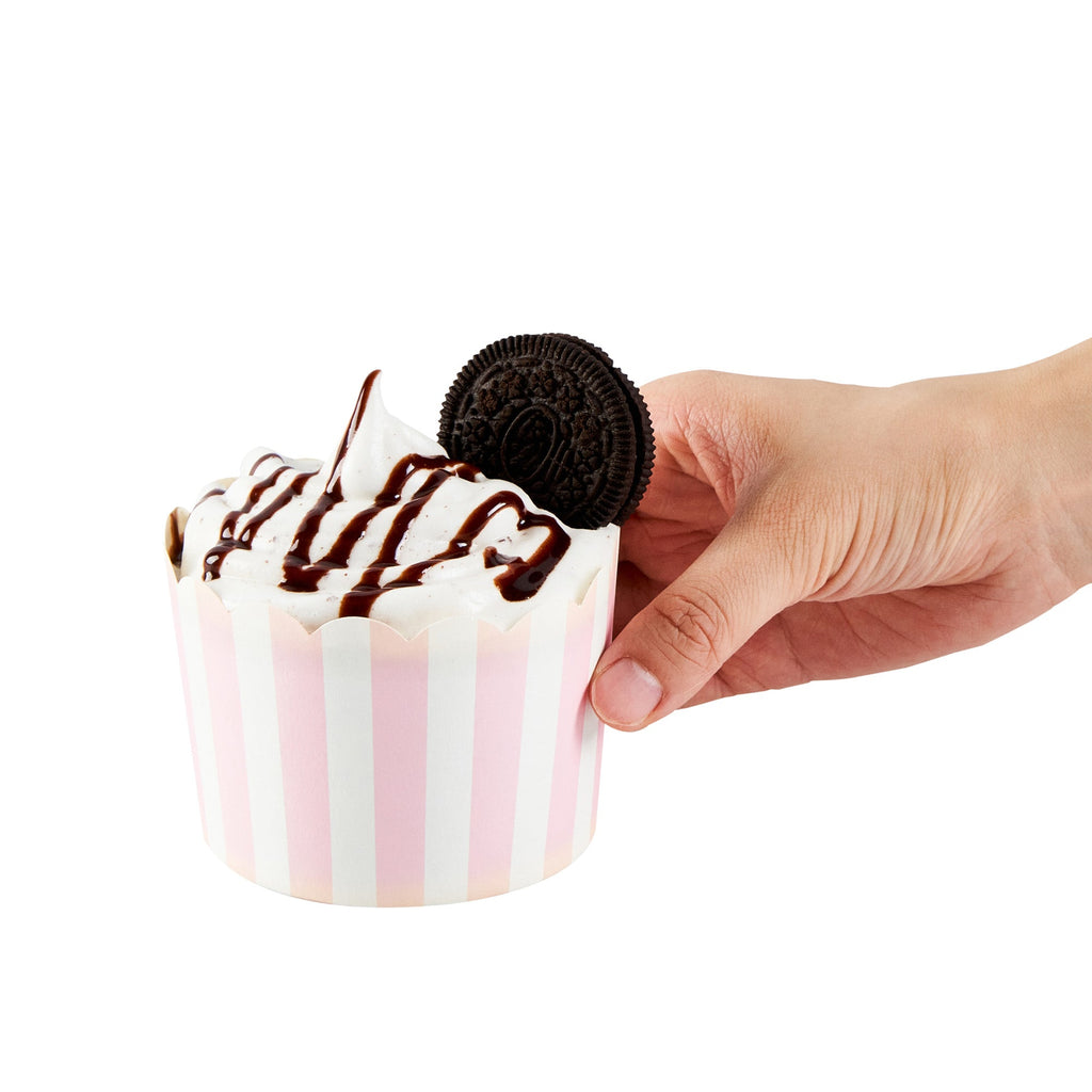 Panificio 10 oz Round Stripe Pink Paper Jumbo Baking Cup - Scalloped - 3 1/2" x 3 1/2" x 2 1/2" - 200 count box