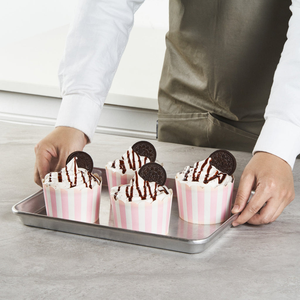 Panificio 10 oz Round Stripe Pink Paper Jumbo Baking Cup - Scalloped - 3 1/2" x 3 1/2" x 2 1/2" - 200 count box