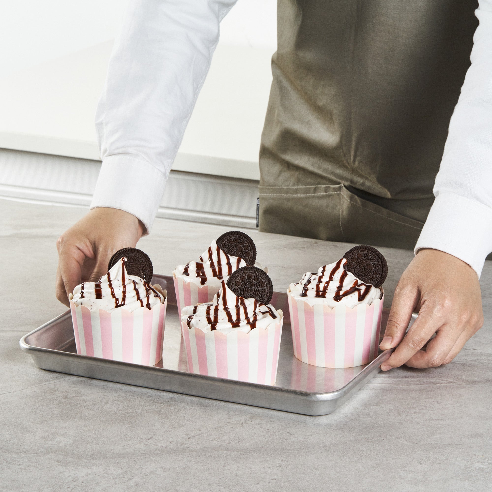 Panificio 10 oz Round Stripe Pink Paper Jumbo Baking Cup - Scalloped - 3 1/2" x 3 1/2" x 2 1/2" - 200 count box