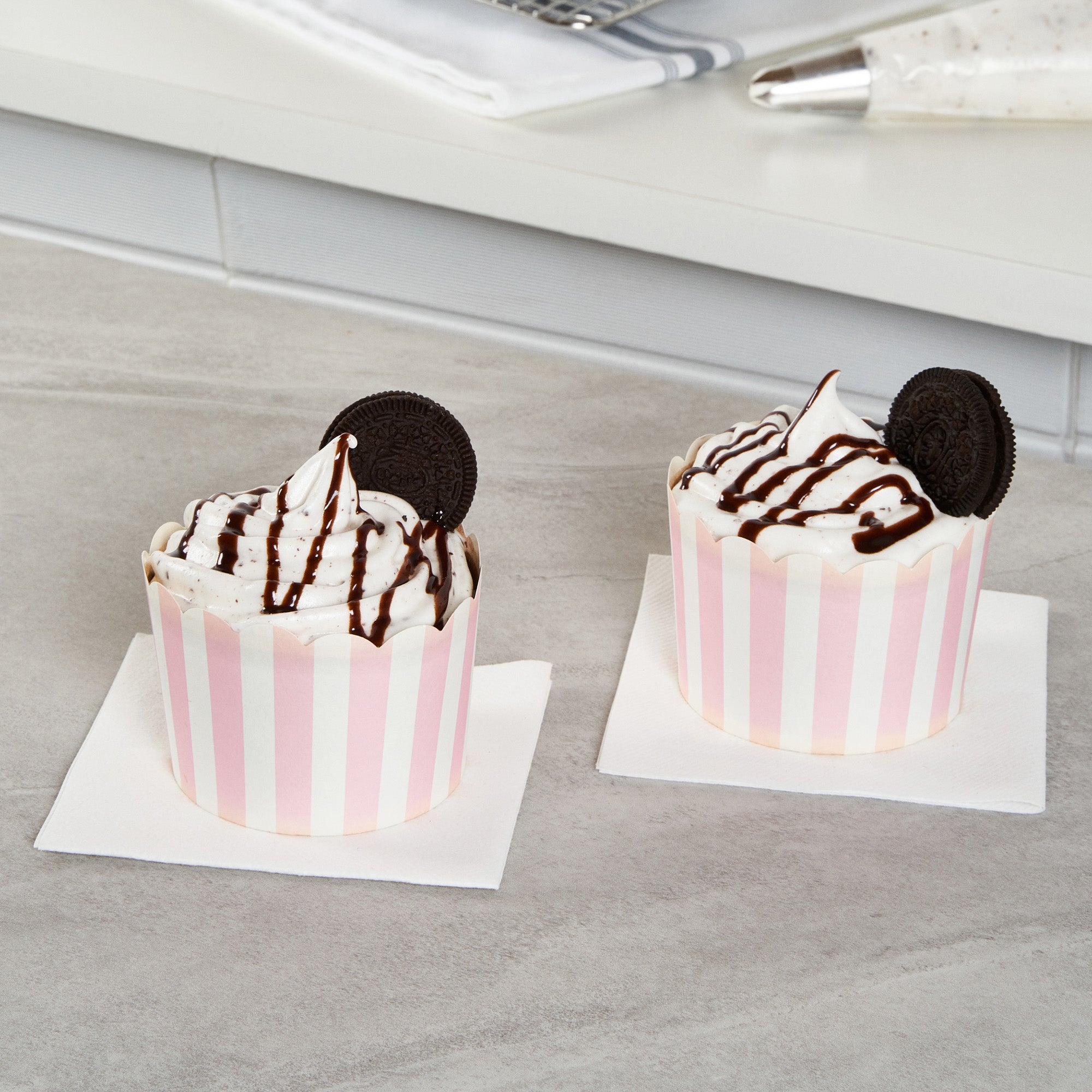 Panificio 10 oz Round Stripe Pink Paper Jumbo Baking Cup - Scalloped - 3 1/2" x 3 1/2" x 2 1/2" - 200 count box