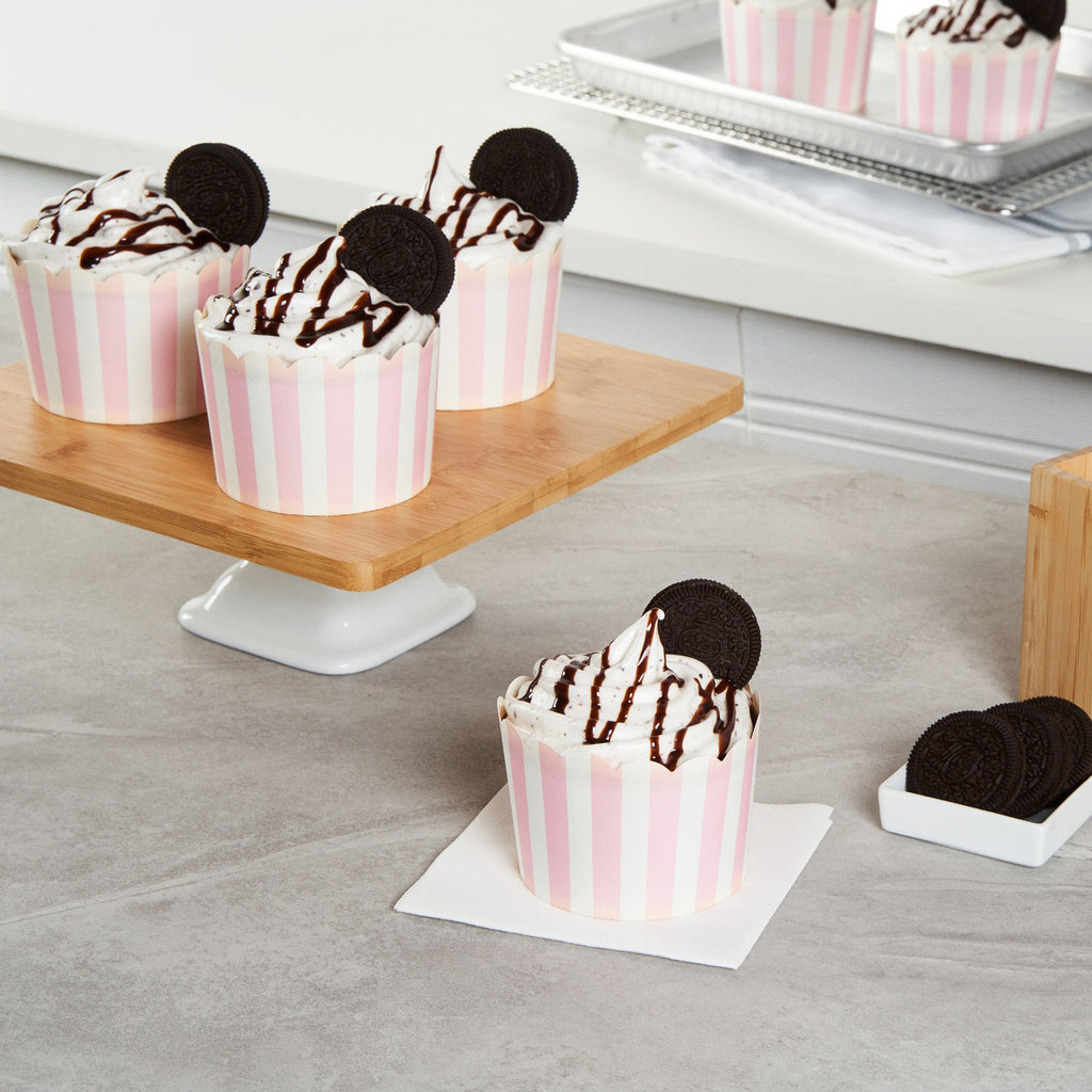 Panificio 10 oz Round Stripe Pink Paper Jumbo Baking Cup - Scalloped - 3 1/2" x 3 1/2" x 2 1/2" - 200 count box