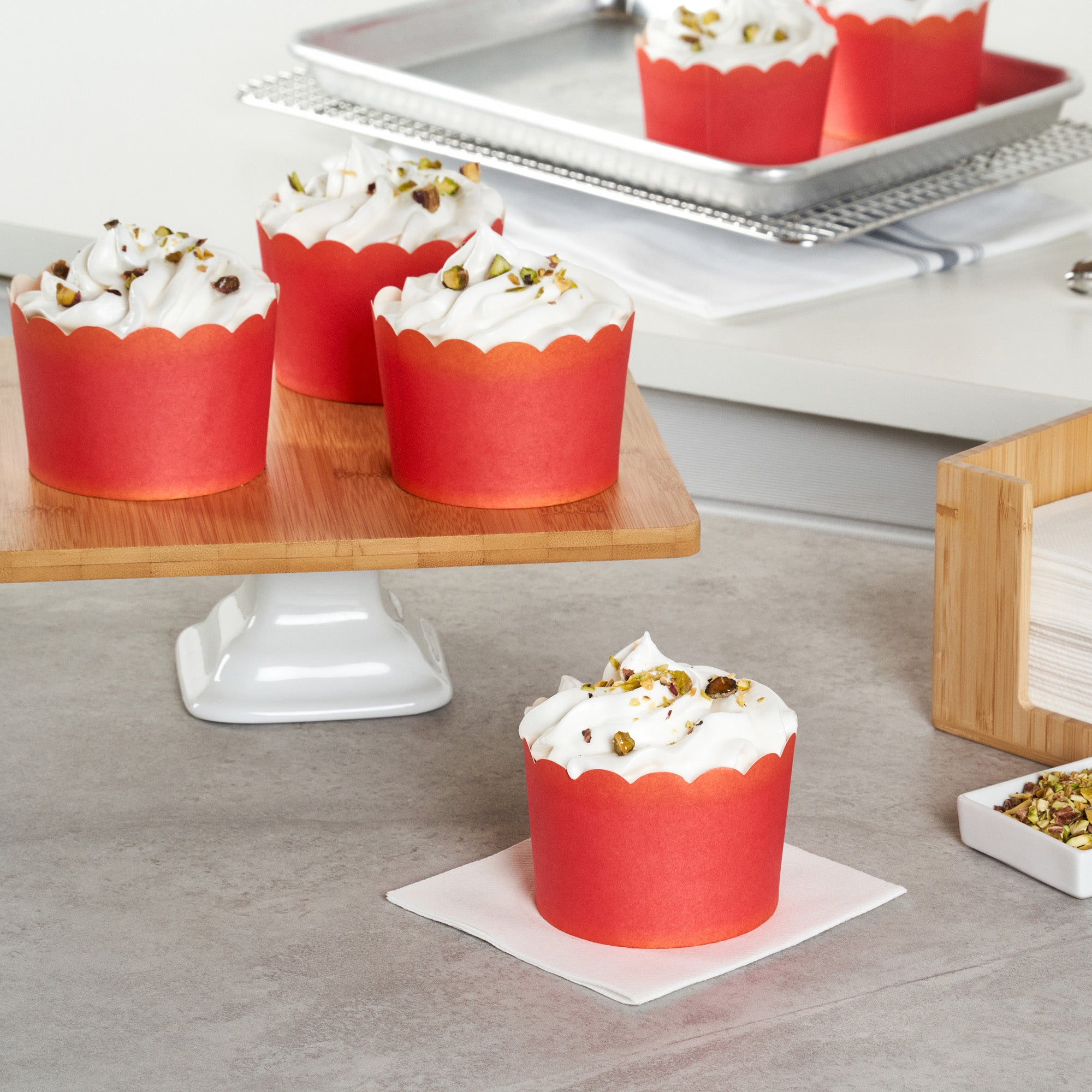 Panificio 10 oz Round Red Paper Jumbo Baking Cup - Scalloped - 3 1/2" x 3 1/2" x 2 1/2" - 200 count box