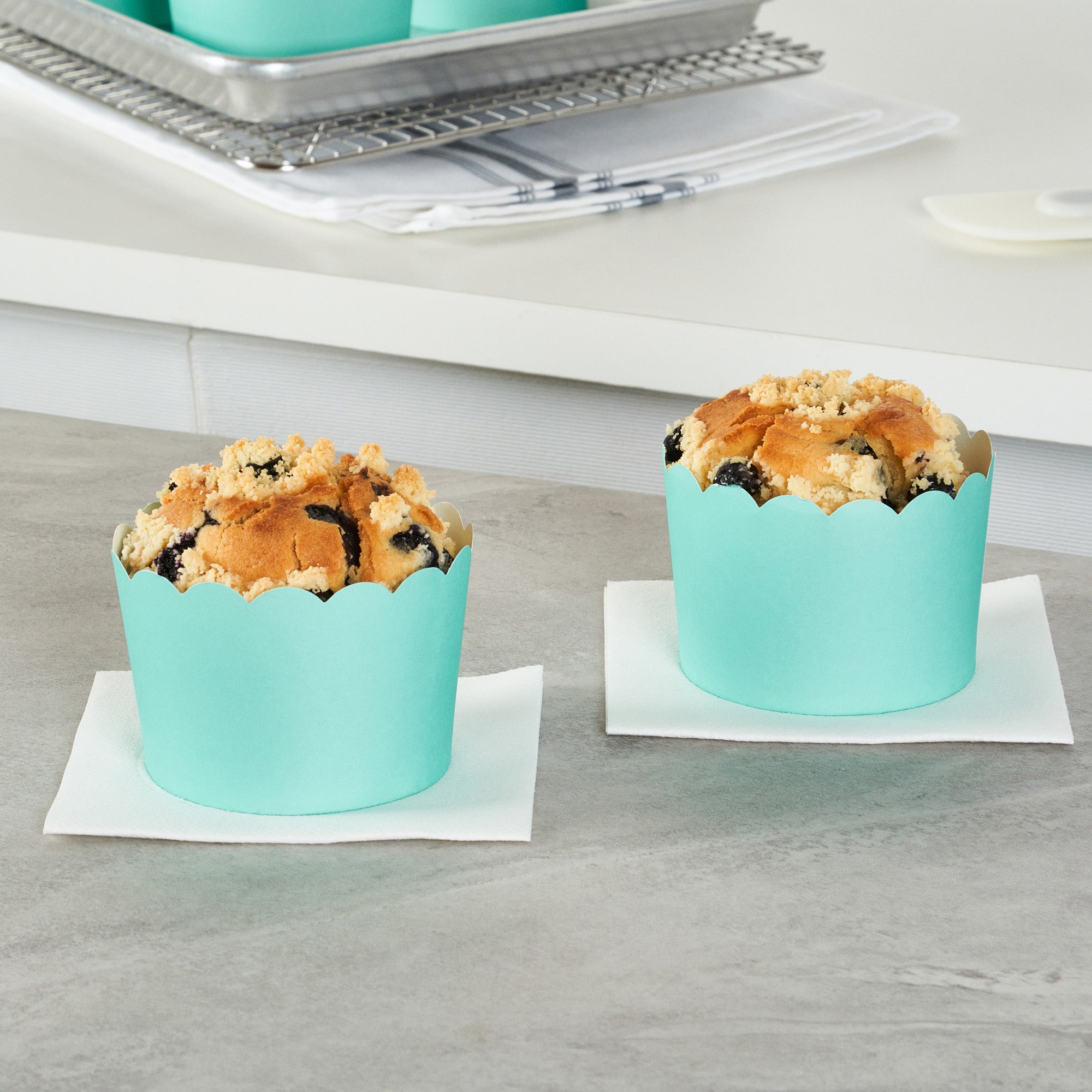 Panificio 10 oz Round Turquoise Paper Jumbo Baking Cup - Scalloped - 3 1/2" x 3 1/2" x 2 1/2" - 200 count box