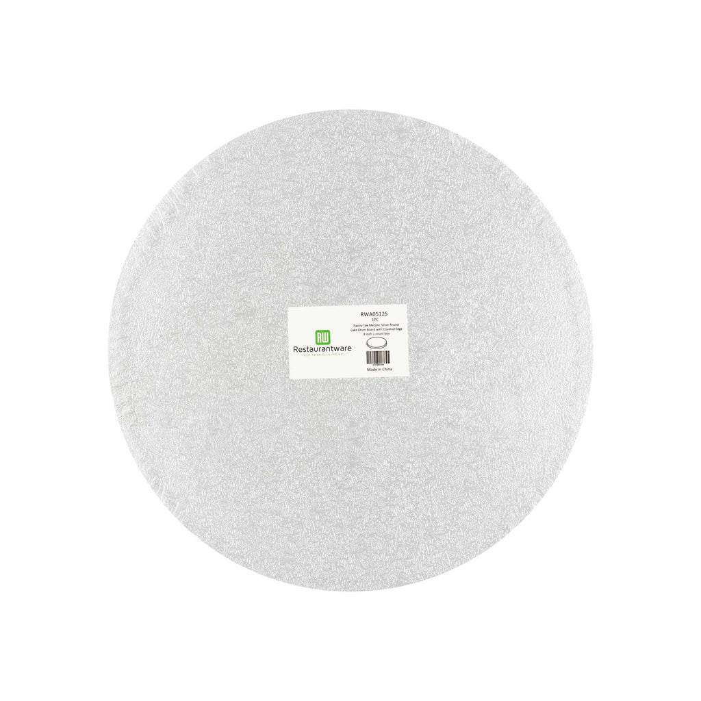 Pastry Tek Round Metallic Silver Cardboard Cake Drum Board - Covered Edge - 8" x 8" x 1/2" - 1 count box