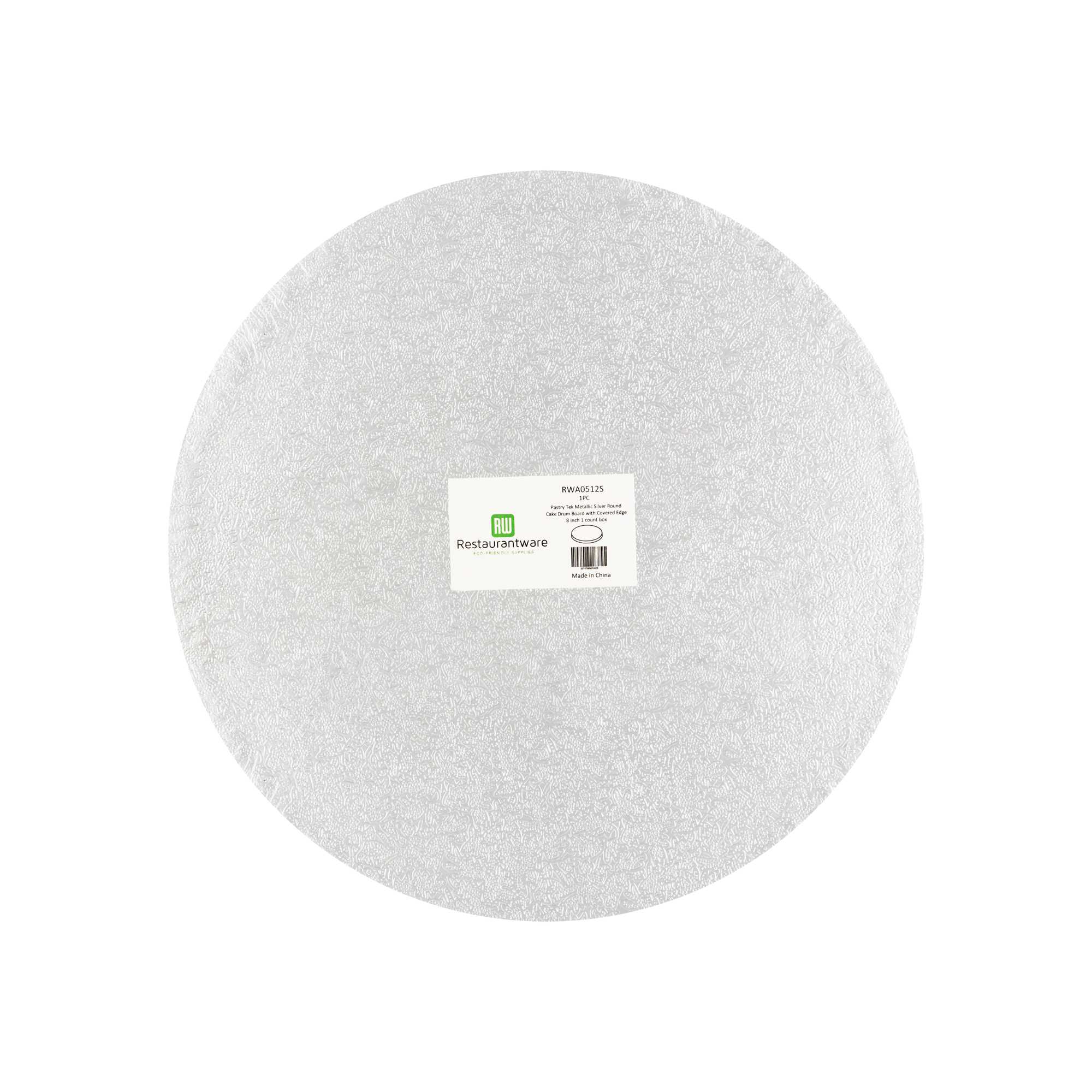Pastry Tek Round Metallic Silver Cardboard Cake Drum Board - Covered Edge - 8" x 8" x 1/2" - 1 count box