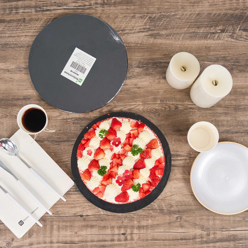 Pastry Tek Round Black Cardboard Cake Drum Board - Covered Edge - 10" x 10" x 1/2" - 1 count box