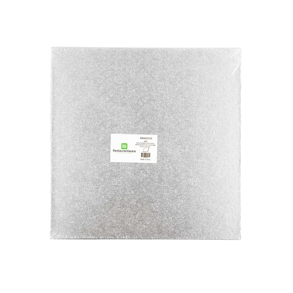 Pastry Tek Square Metallic Silver Cardboard Cake Drum Board - Covered Edge - 8" x 8" x 1/2" - 1 count box