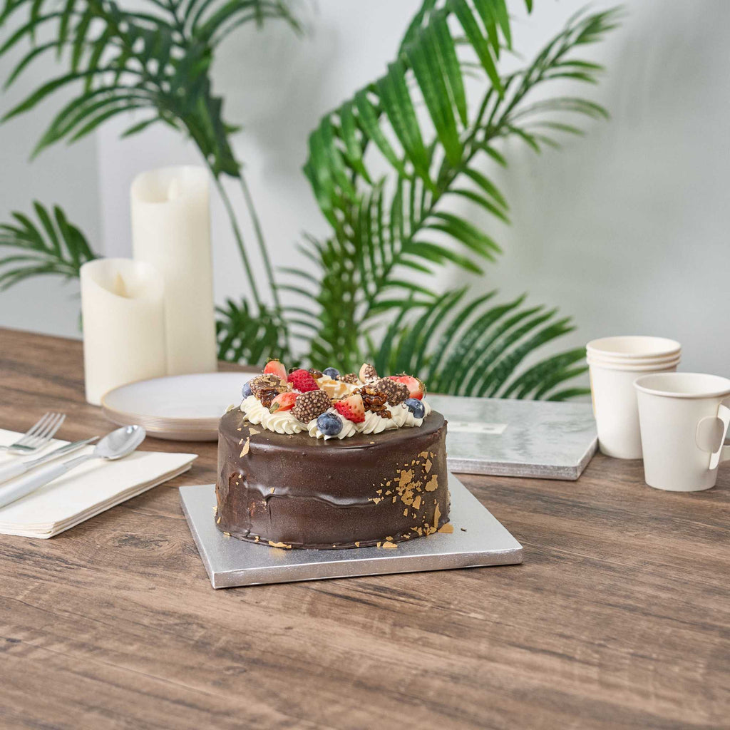 Pastry Tek Square Metallic Silver Cardboard Cake Drum Board - Covered Edge - 8" x 8" x 1/2" - 1 count box