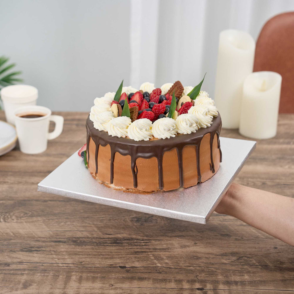 Pastry Tek Square Metallic Silver Cardboard Cake Drum Board - Covered Edge - 10" x 10" x 1/2" - 1 count box