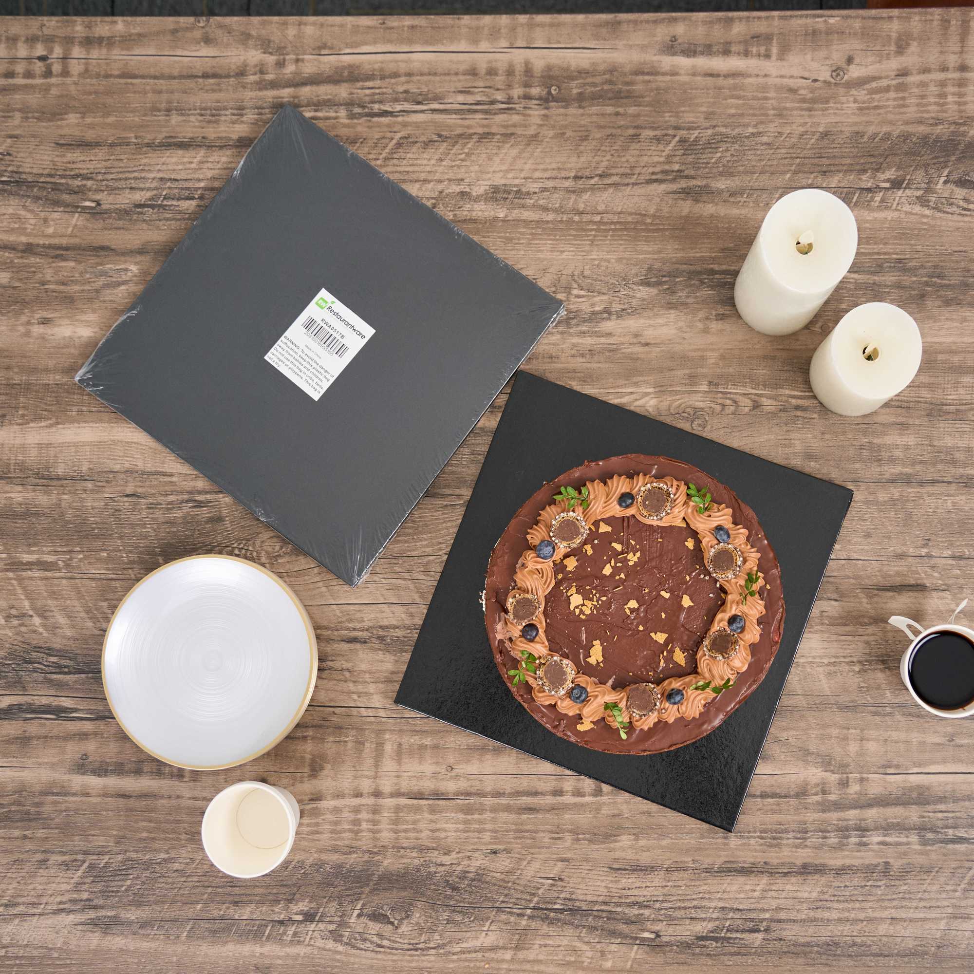 Pastry Tek Square Black Cardboard Cake Drum Board - Covered Edge - 12" x 12" x 1/2" - 1 count box