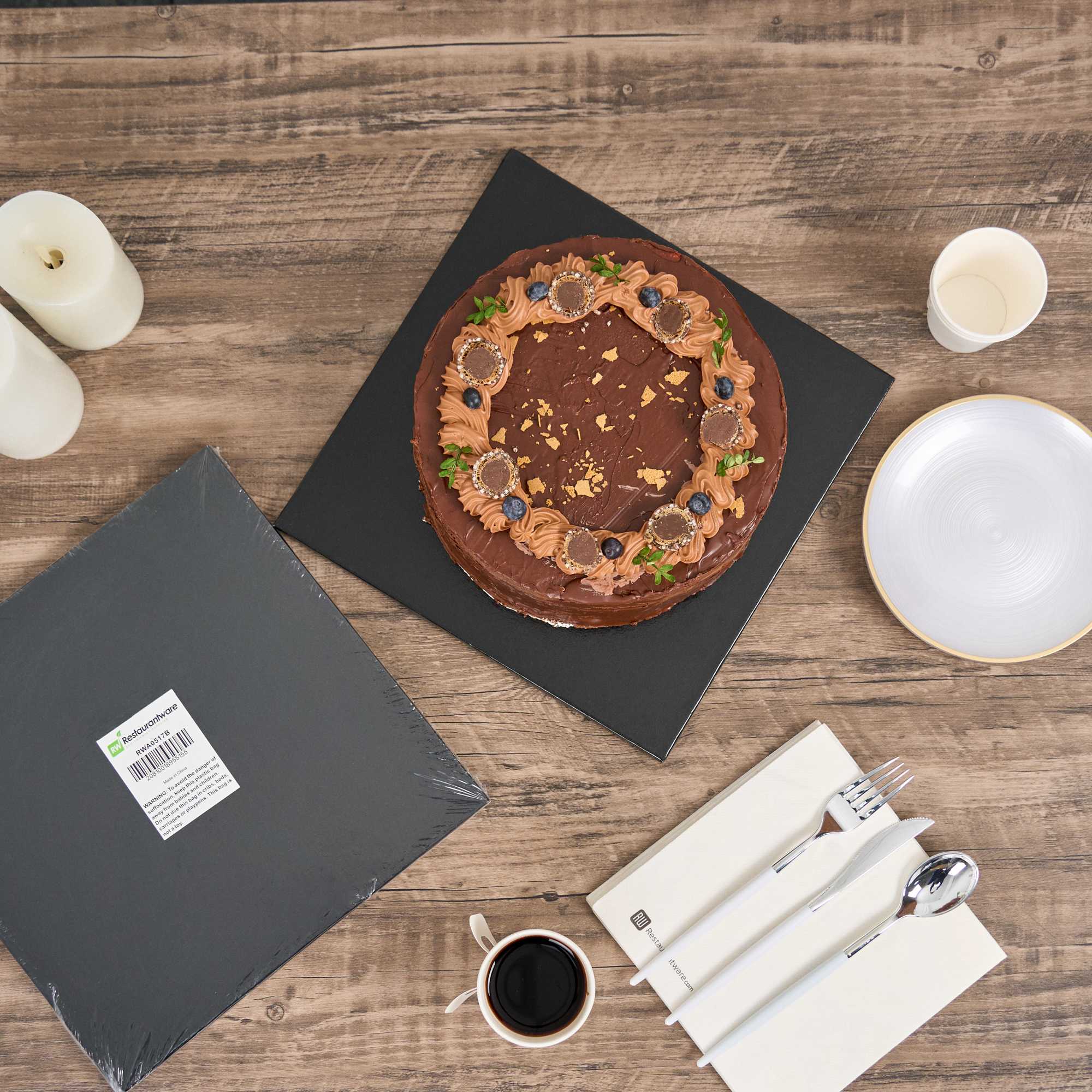 Pastry Tek Square Black Cardboard Cake Drum Board - Covered Edge - 12" x 12" x 1/2" - 1 count box