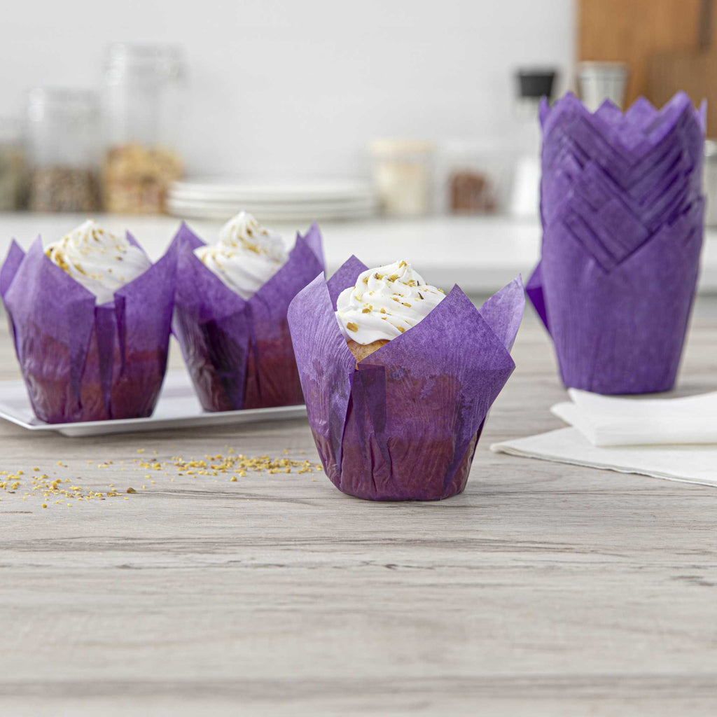 Panificio 4 oz Violet Paper Tulip Baking Cup - Greaseproof - 3 1/2" x 3 1/2" x 3 1/2" - 200 count box