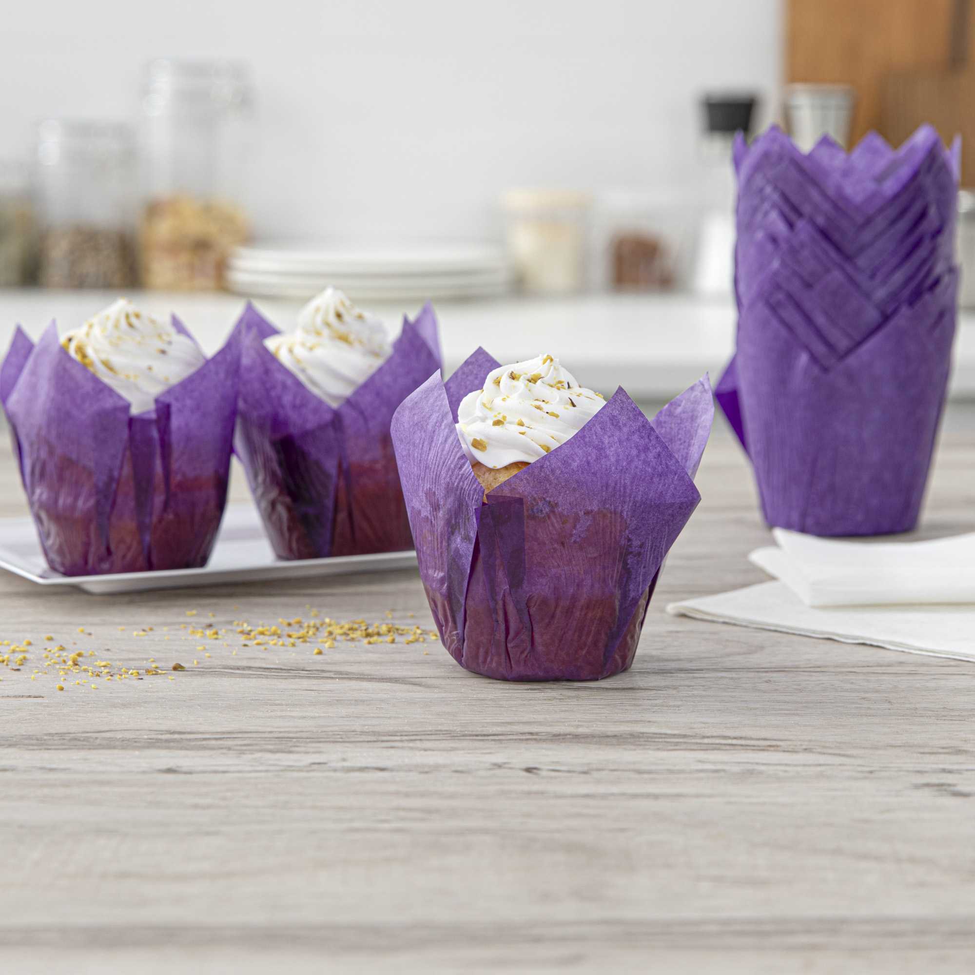 Panificio 4 oz Violet Paper Tulip Baking Cup - Greaseproof - 3 1/2" x 3 1/2" x 3 1/2" - 200 count box