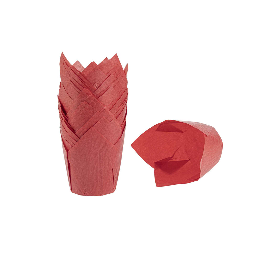 Panificio 4 oz Red Paper Tulip Baking Cup - Greaseproof - 3 1/2" x 3 1/2" x 3 1/2" - 200 count box