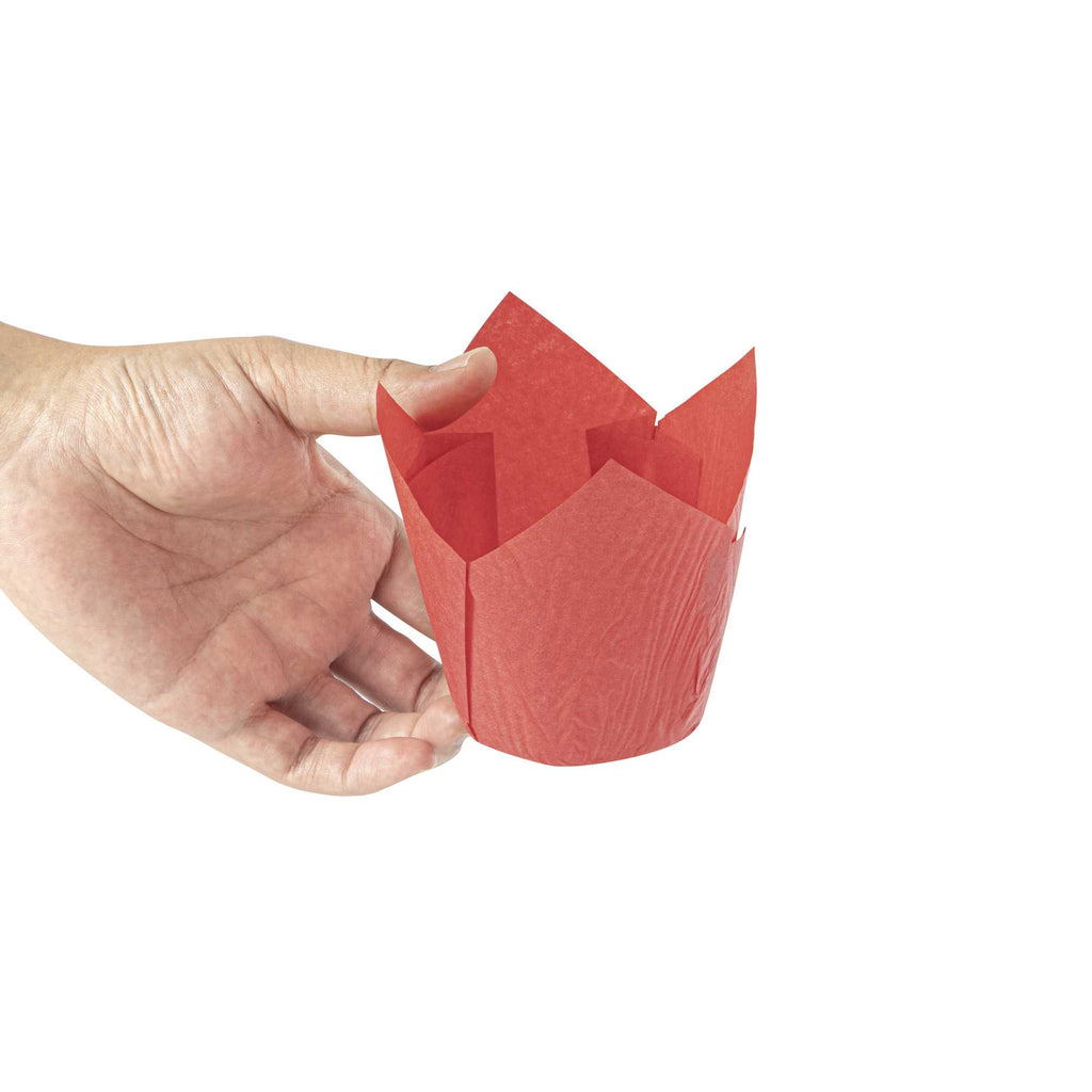 Panificio 4 oz Red Paper Tulip Baking Cup - Greaseproof - 3 1/2" x 3 1/2" x 3 1/2" - 200 count box