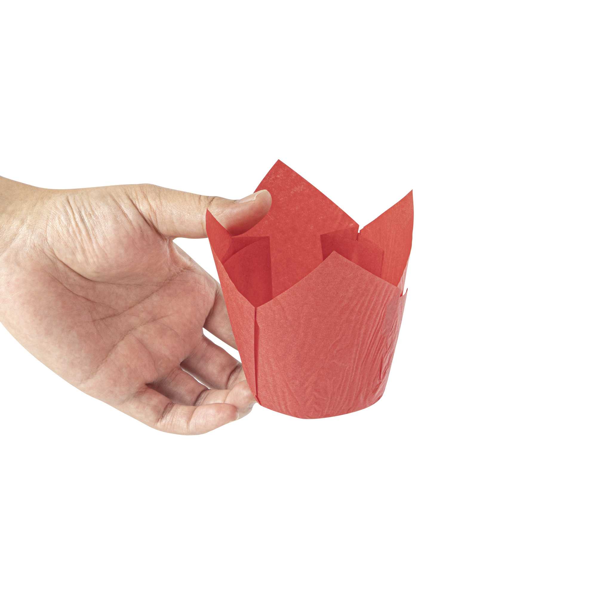 Panificio 4 oz Red Paper Tulip Baking Cup - Greaseproof - 3 1/2" x 3 1/2" x 3 1/2" - 200 count box