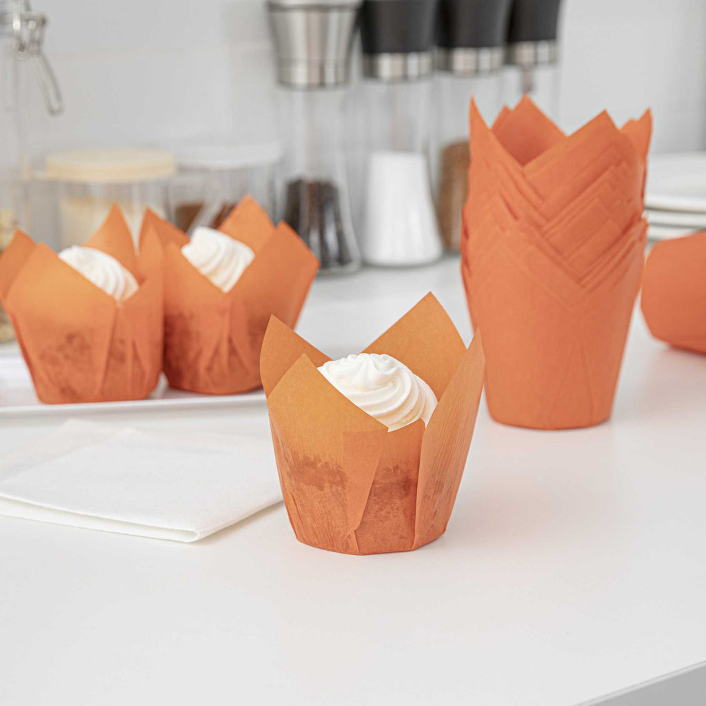Panificio 4 oz Orange Paper Tulip Baking Cup - Greaseproof - 3 1/2" x 3 1/2" x 3 1/2" - 200 count box