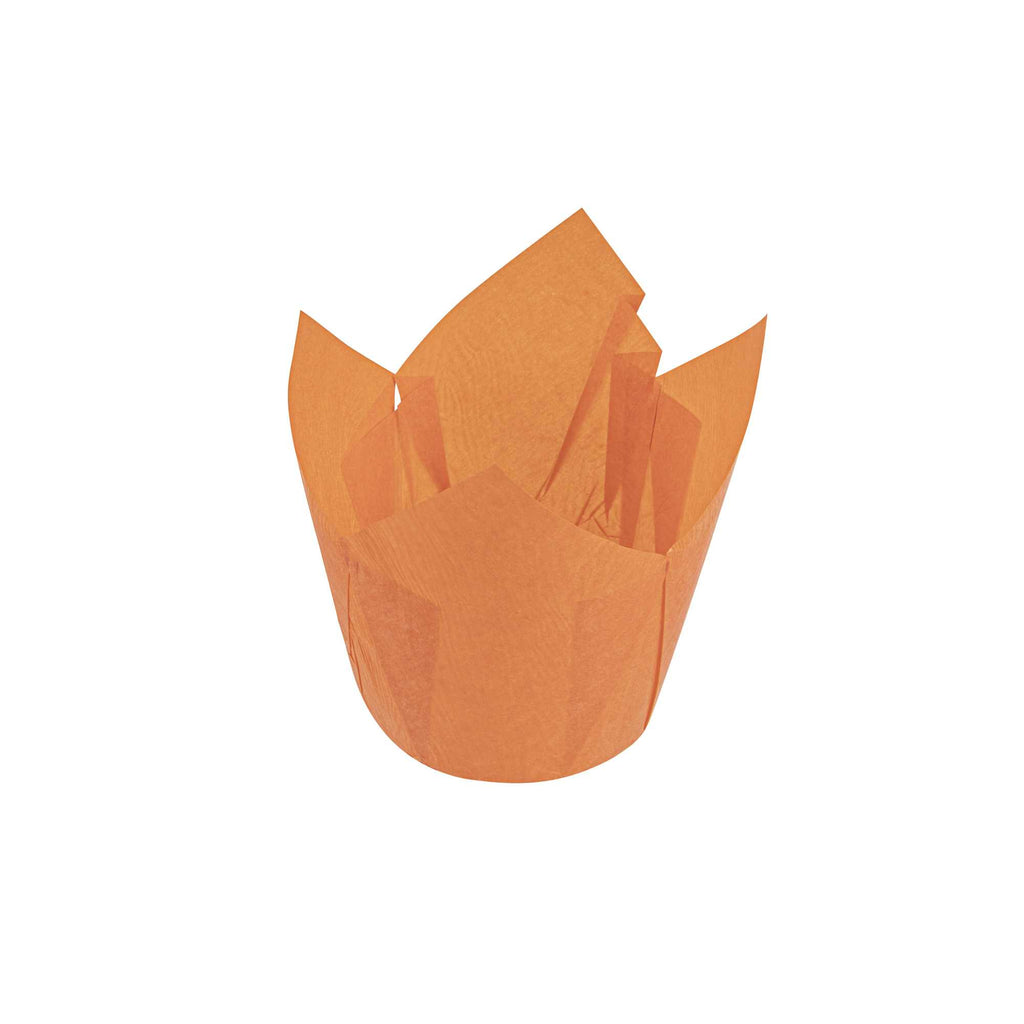 Panificio 4 oz Orange Paper Tulip Baking Cup - Greaseproof - 3 1/2" x 3 1/2" x 3 1/2" - 200 count box