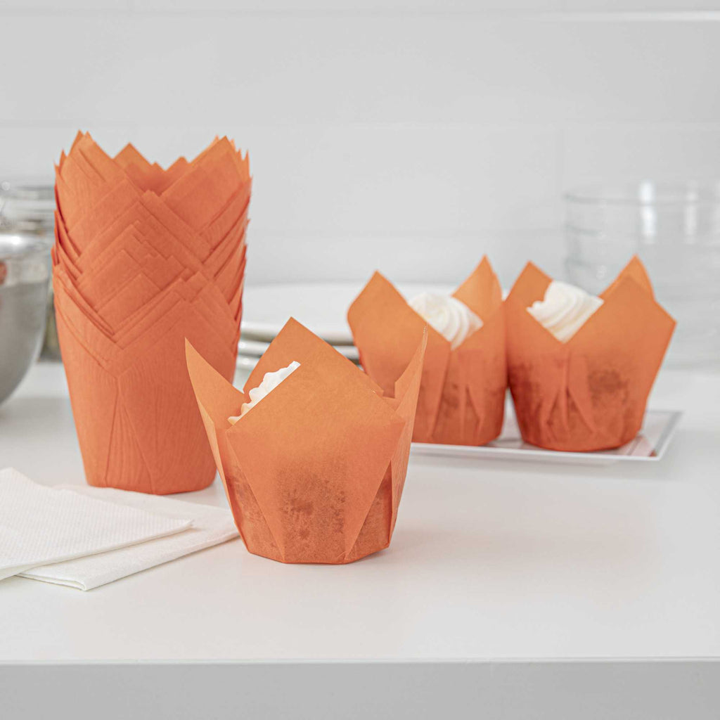 Panificio 4 oz Orange Paper Tulip Baking Cup - Greaseproof - 3 1/2" x 3 1/2" x 3 1/2" - 200 count box