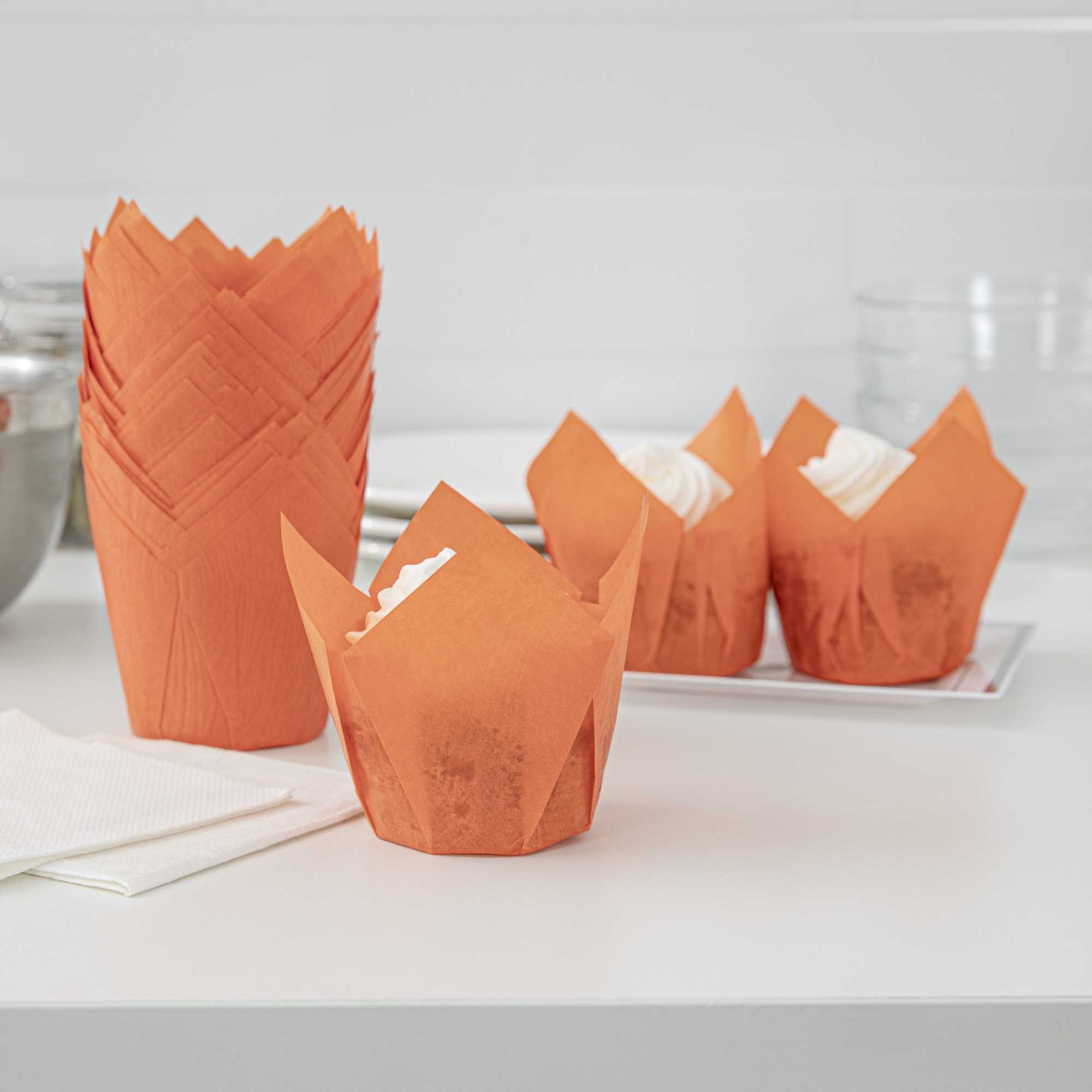 Panificio 4 oz Orange Paper Tulip Baking Cup - Greaseproof - 3 1/2" x 3 1/2" x 3 1/2" - 200 count box