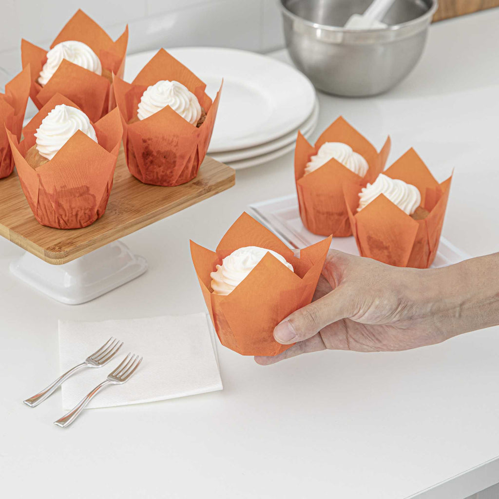 Panificio 4 oz Orange Paper Tulip Baking Cup - Greaseproof - 3 1/2" x 3 1/2" x 3 1/2" - 200 count box