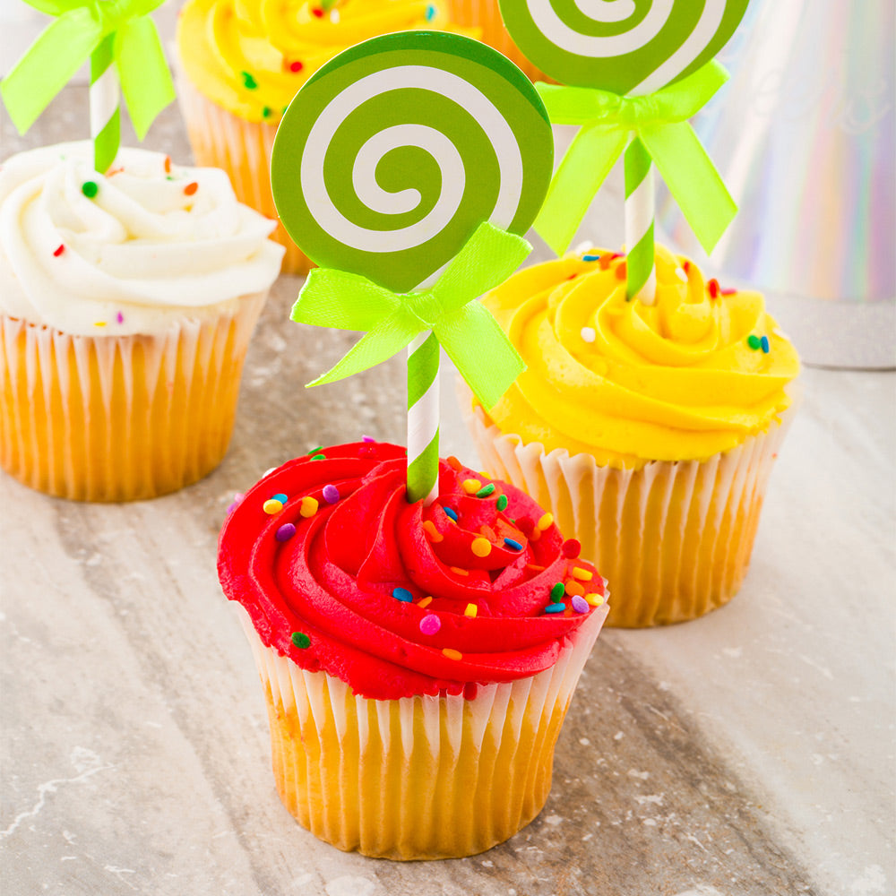 Top Cake Green Paper Swirl Lollipop Cake Topper - Neon Green Bow - 5 1/4" x 2" - 10 count box