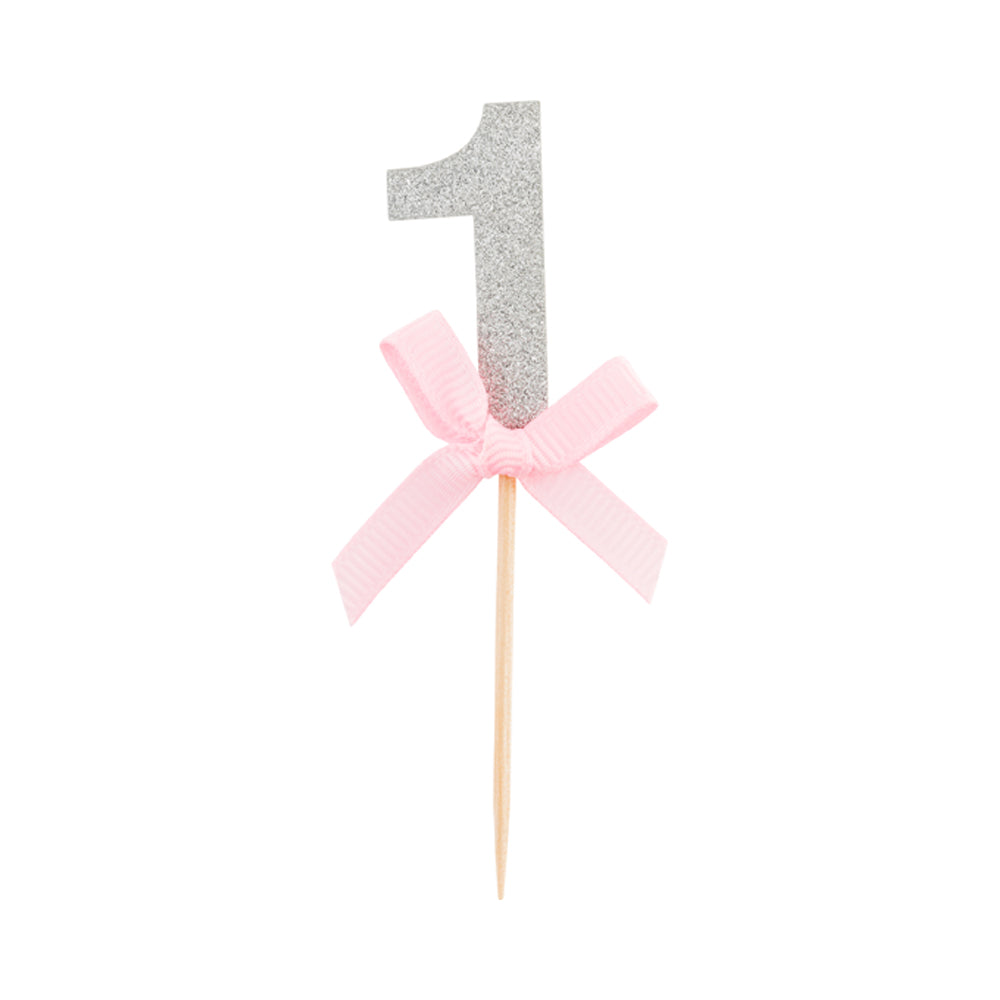 Top Cake Pink Paper One Cake Topper - Silver Glitter, Pink Bow - 3 1/2" x 1 1/2" - 10 count box