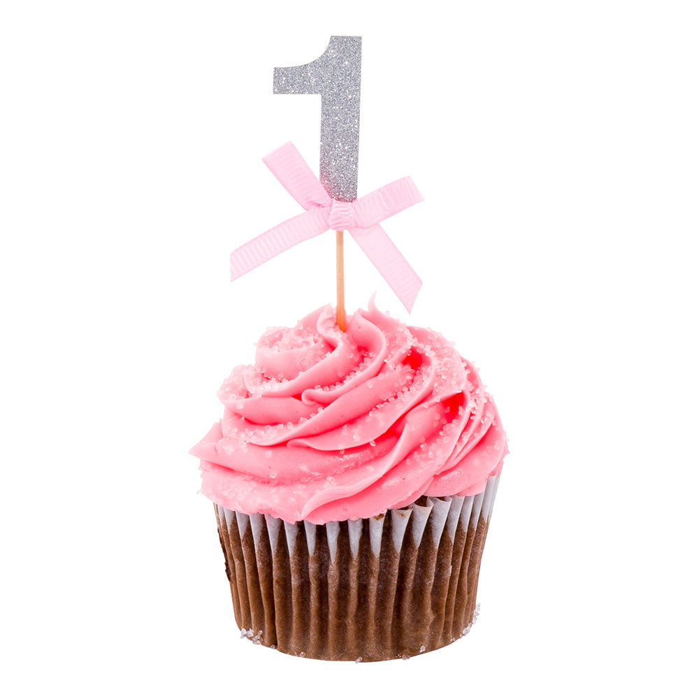 Top Cake Pink Paper One Cake Topper - Silver Glitter, Pink Bow - 3 1/2" x 1 1/2" - 10 count box