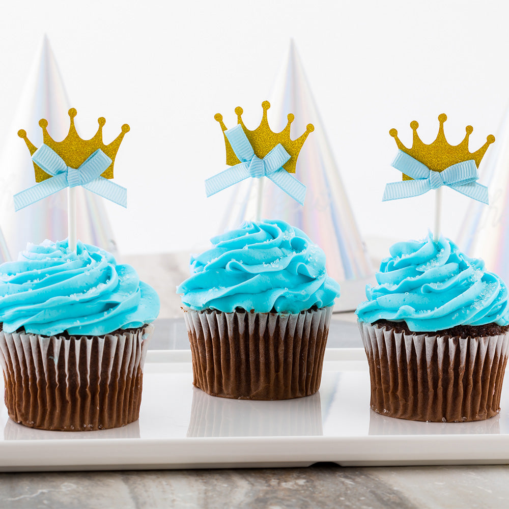 Top Cake Gold Paper Crown Cake Topper - Glitter, Blue Bow - 3 3/4" x 1 1/2" - 100 count box
