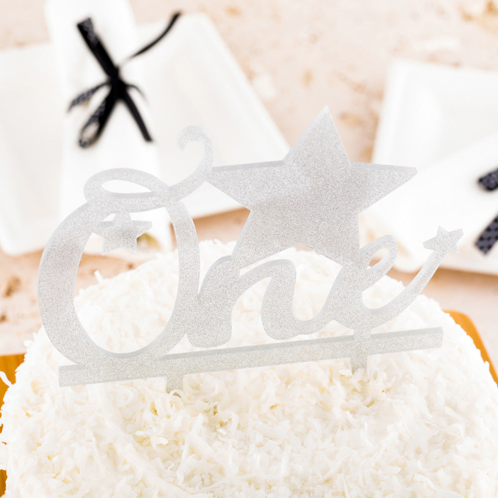 Top Cake Silver Acrylic One Cake Topper - Glitter Stars - 6 1/2" x 5" - 1 count box