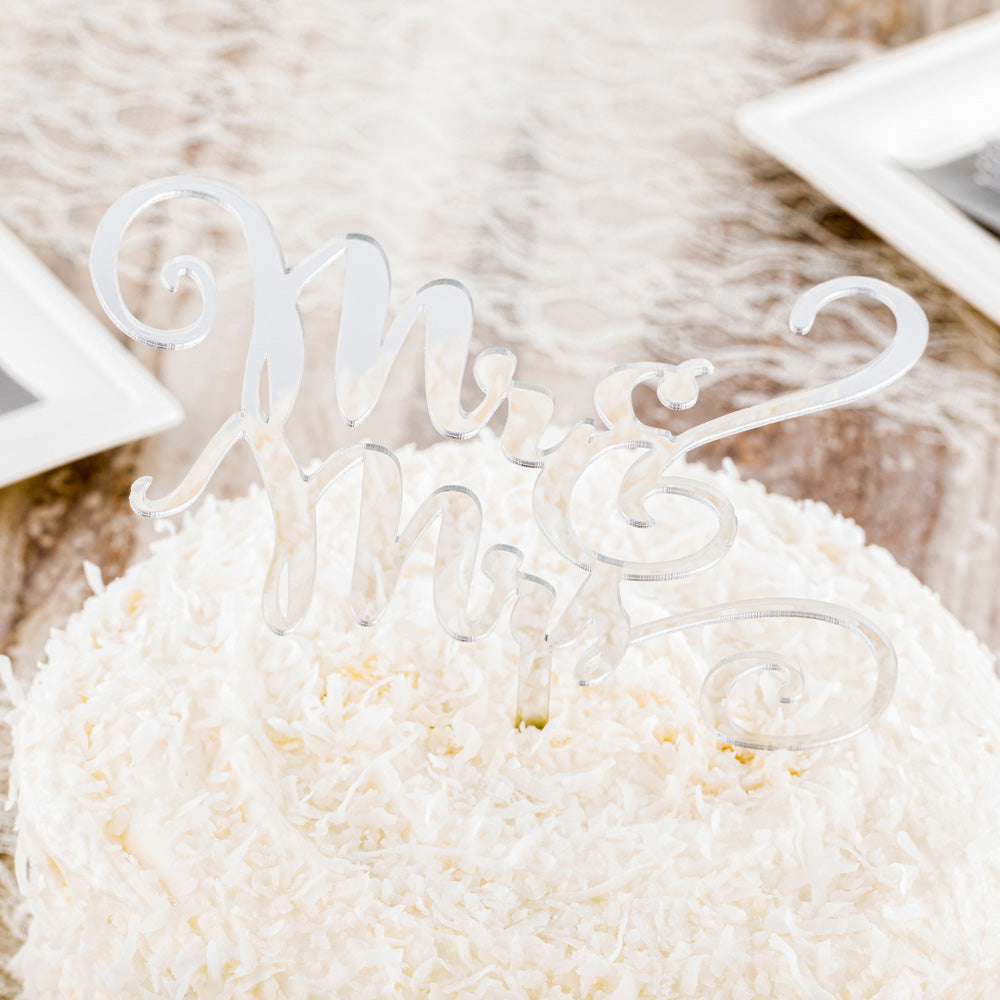 Top Cake Mirrored Silver Acrylic Mr and Mrs Cake Topper - 7" x 5 1/2" - 1 count box