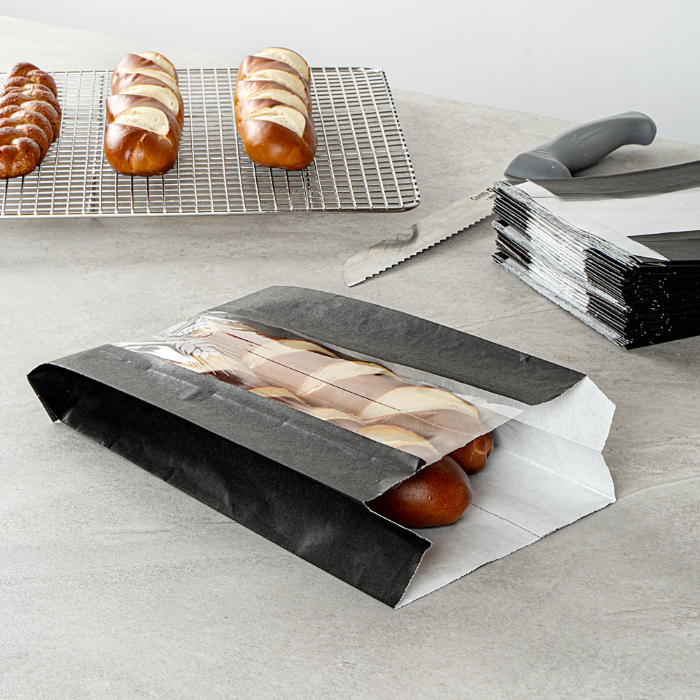 Bag Tek Black Paper Bread Bag - Micro-Perforated, Greaseproof, Wheat Pattern - 5 3/4" x 2 3/4" x 11 1/2" - 100 count box