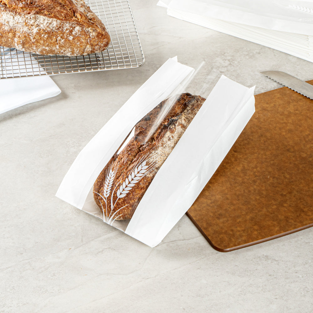 Bag Tek White Paper Bread Bag - Micro-Perforated, Greaseproof, Wheat Pattern - 5 3/4" x 2 3/4" x 11 1/2" - 100 count box