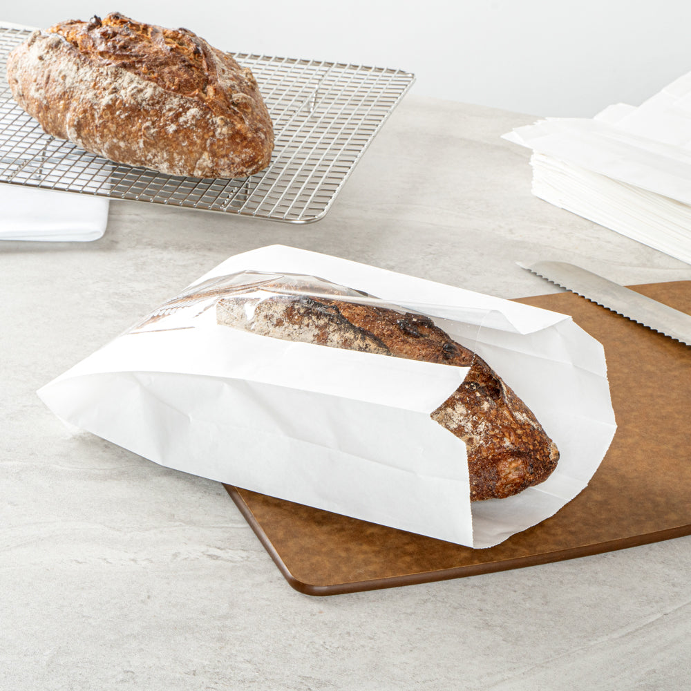 Bag Tek White Paper Bread Bag - Micro-Perforated, Greaseproof, Wheat Pattern - 5 3/4" x 2 3/4" x 11 1/2" - 100 count box