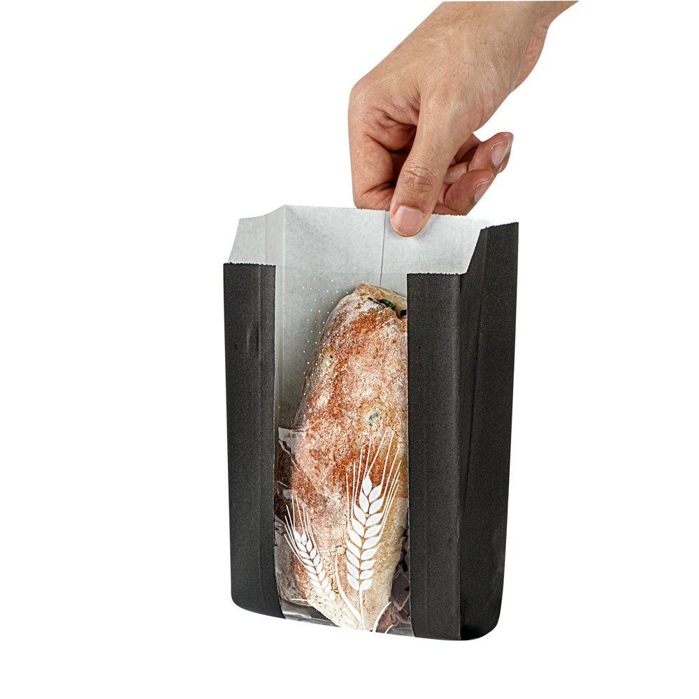 Bag Tek Black Paper Bread Bag - Micro-Perforated, Greaseproof, Wheat Pattern - 4 1/2" x 2 1/2" x 8 1/2" - 100 count box