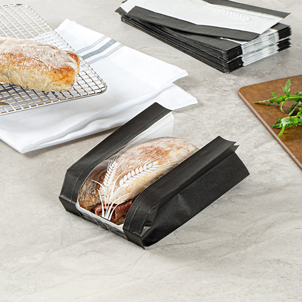 Bag Tek Black Paper Bread Bag - Micro-Perforated, Greaseproof, Wheat Pattern - 4 1/2" x 2 1/2" x 8 1/2" - 100 count box