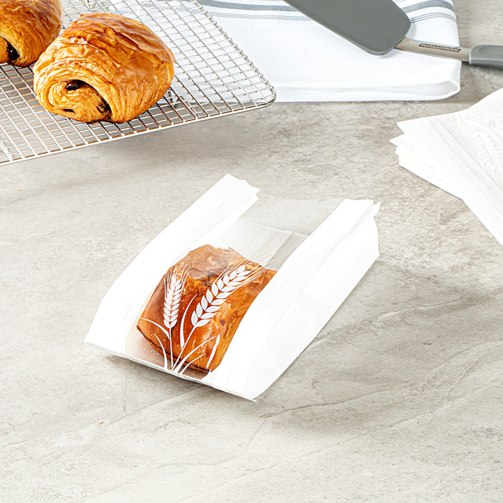 Bag Tek White Paper Bread Bag - Micro-Perforated, Greaseproof, Wheat Pattern - 4 1/2" x 2 1/2" x 8 1/2" - 100 count box