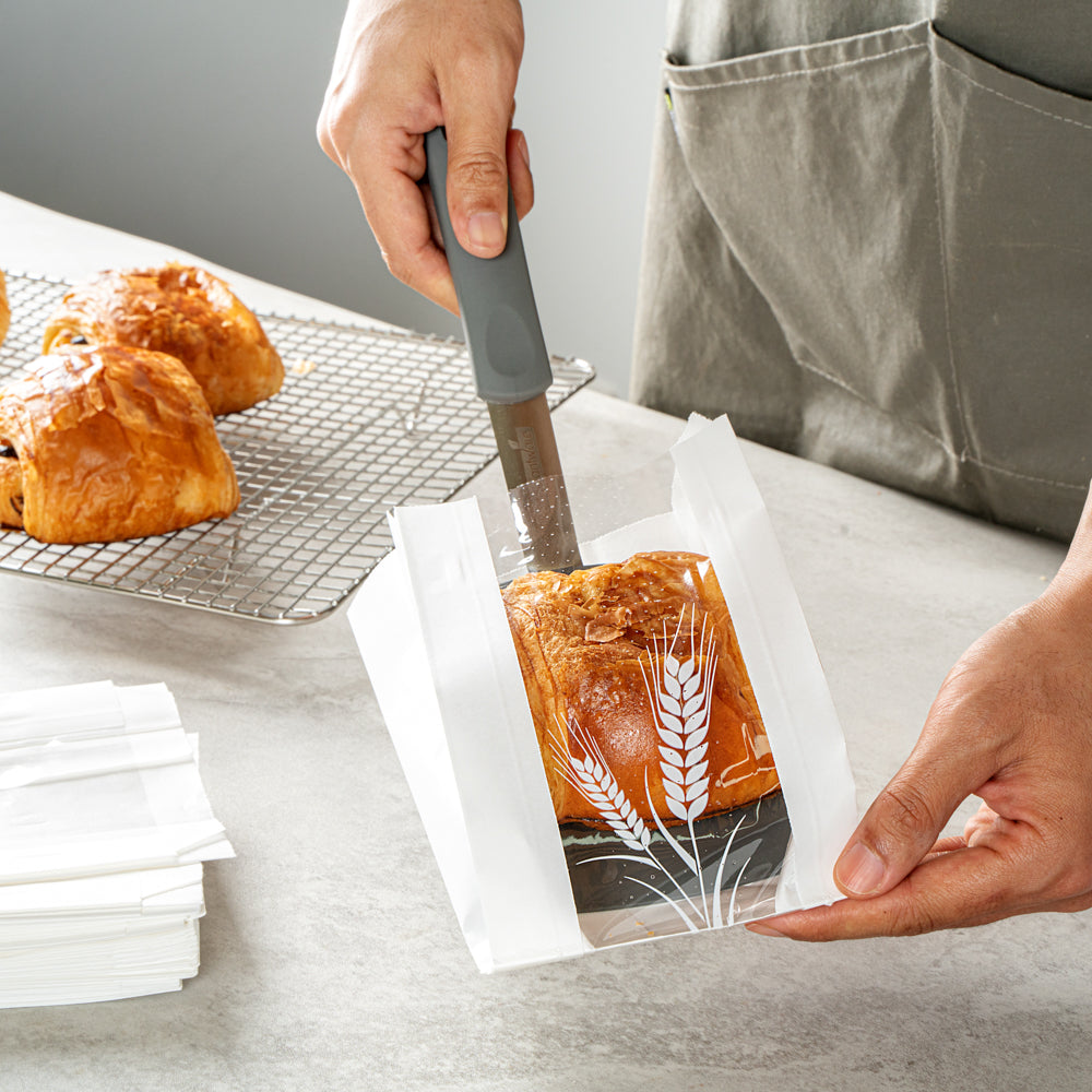 Bag Tek White Paper Bread Bag - Micro-Perforated, Greaseproof, Wheat Pattern - 4 1/2" x 2 1/2" x 8 1/2" - 100 count box